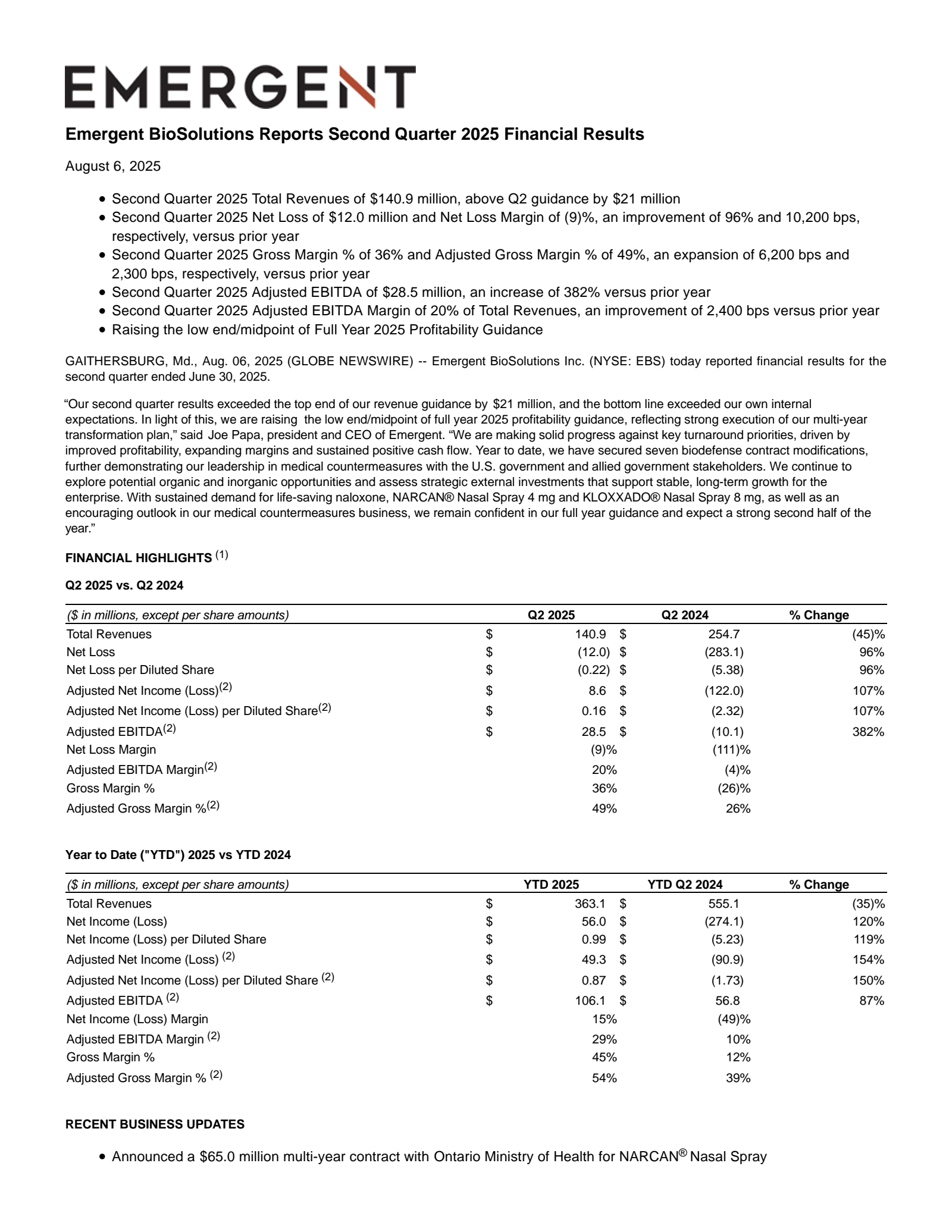 Emergent Biosolutions' Q2 2025 Press Release