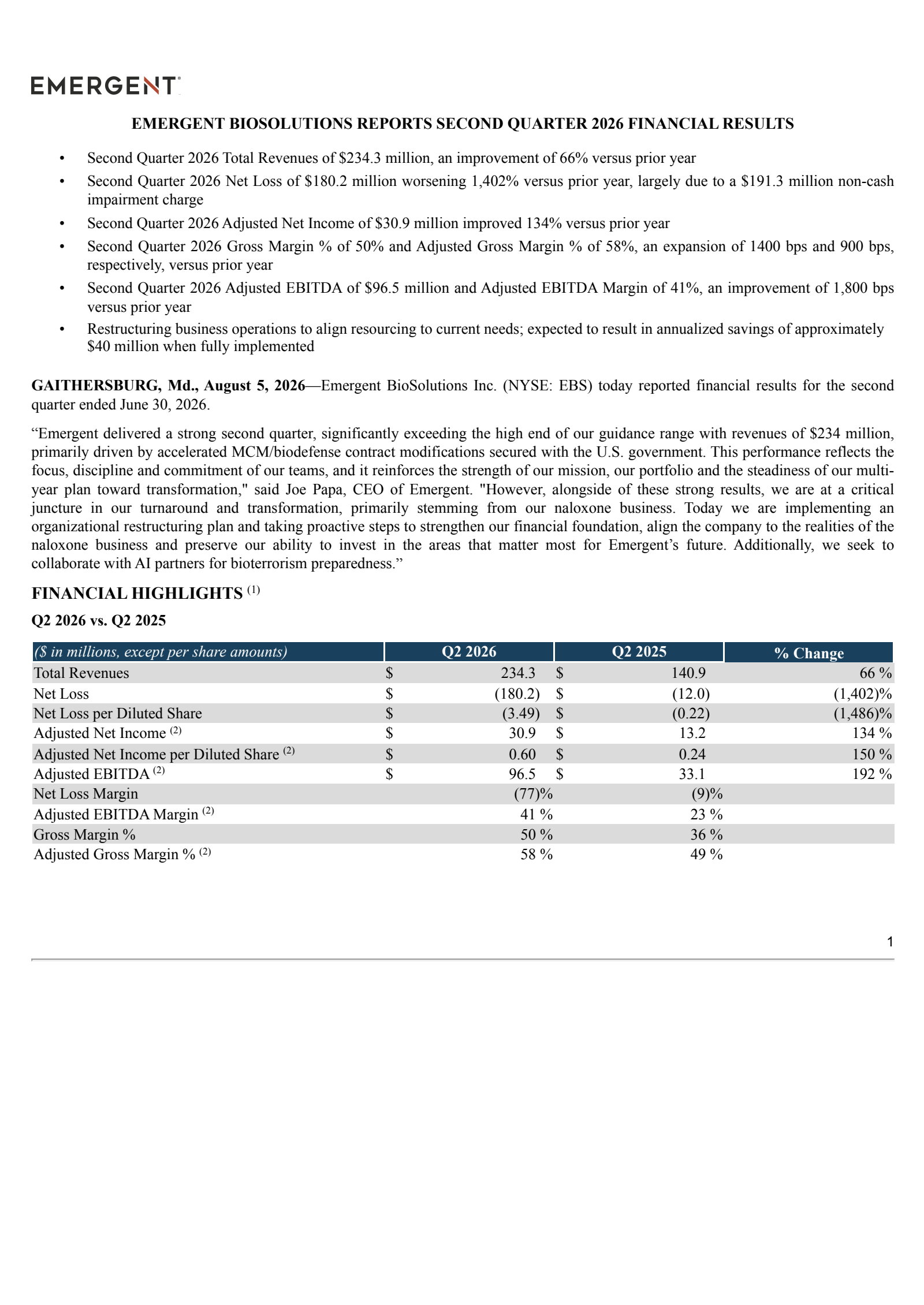 Emergent Biosolutions' Q2 2026 Press Release