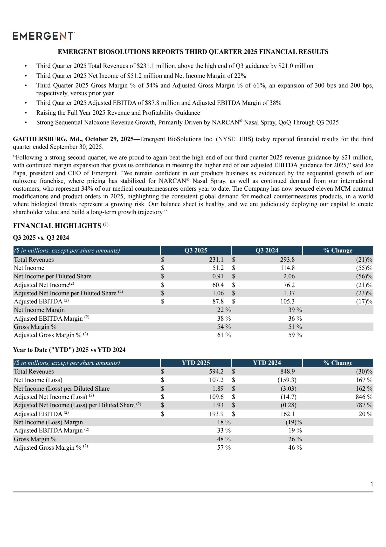 Emergent Biosolutions' Q3 2025 Earnings Release