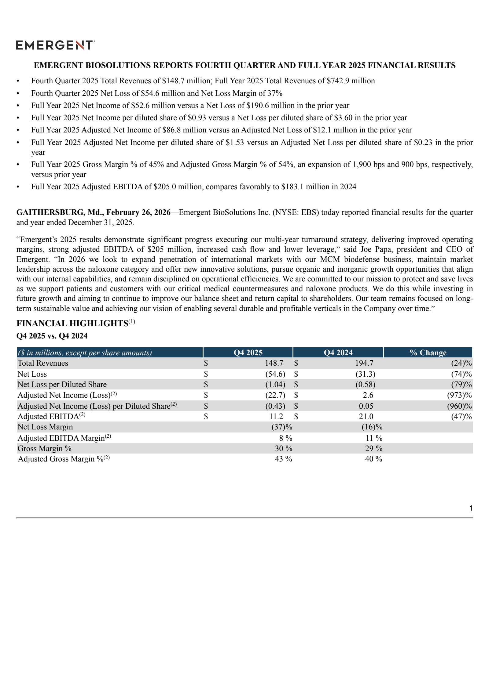Emergent Biosolutions' Q4 2025 Press Release