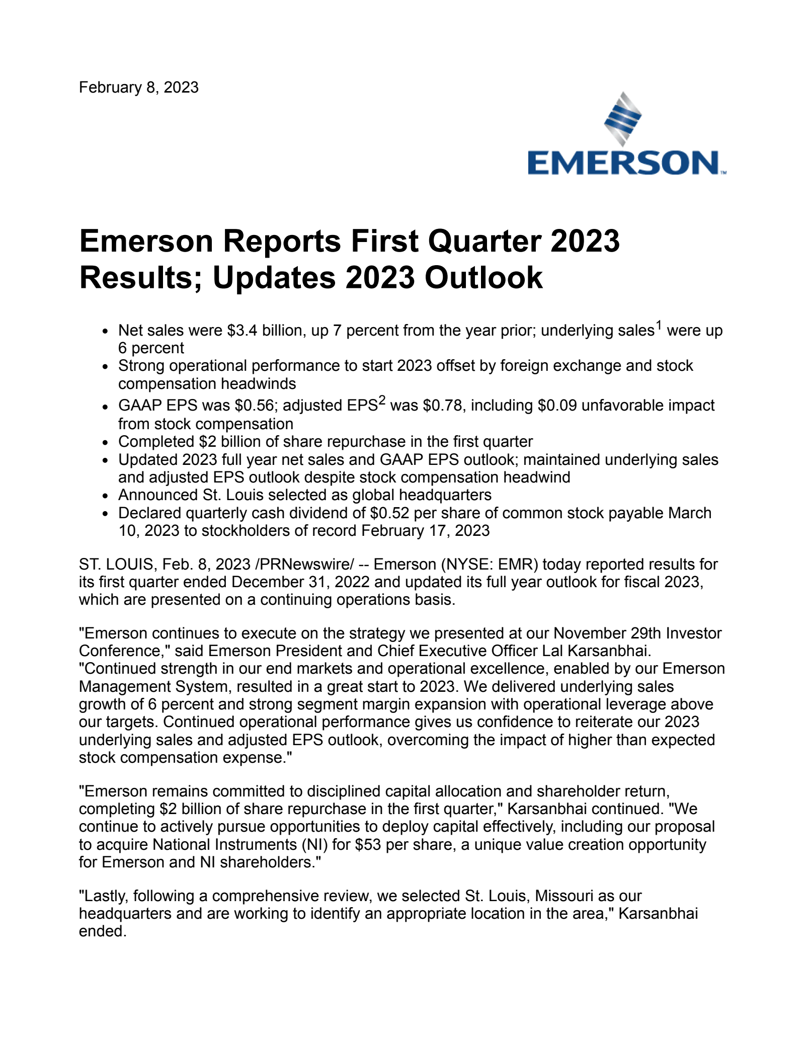 Emerson Electric's Q1 2023 Earnings Release