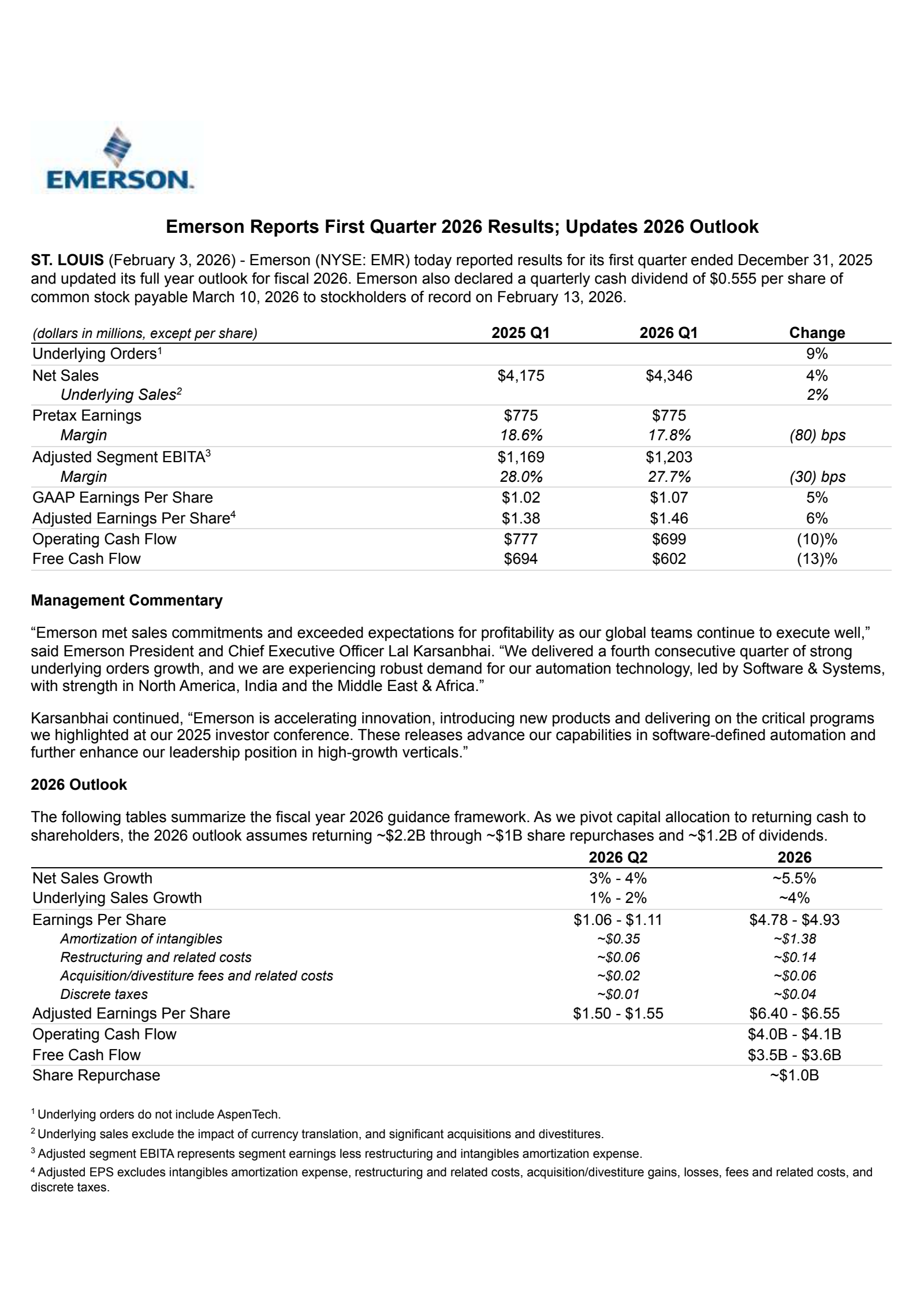 Emerson Electric's Q1 2026 Press Release