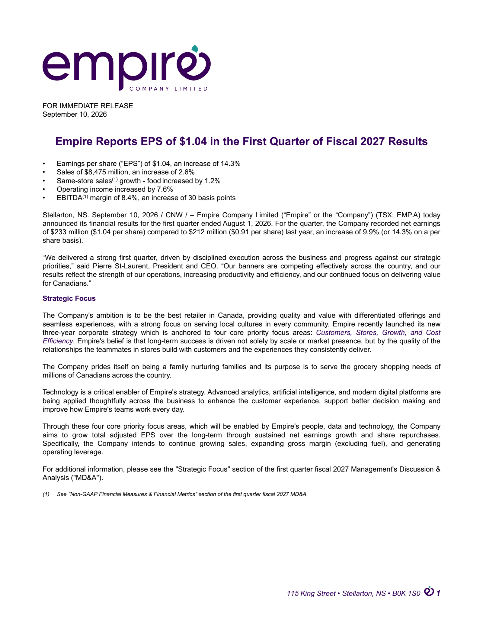Empire's Q1 2027 Press Release