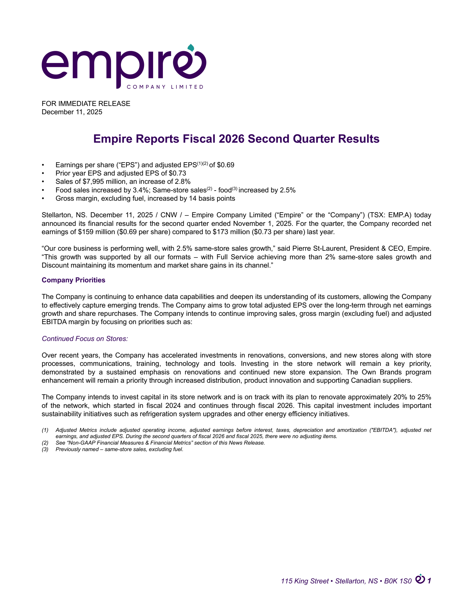 Empire's Q2 2026 Press Release