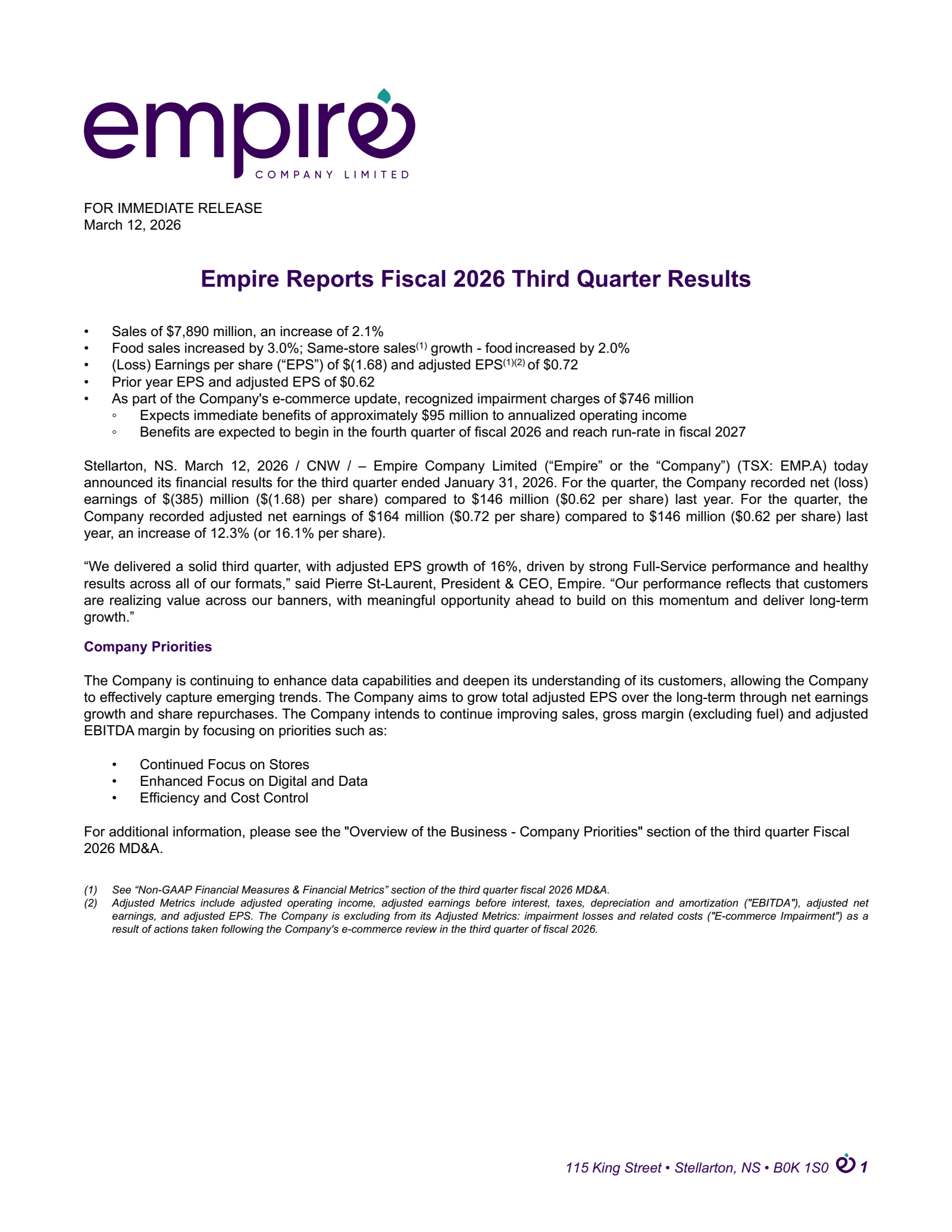 Empire's Q3 2026 Press Release