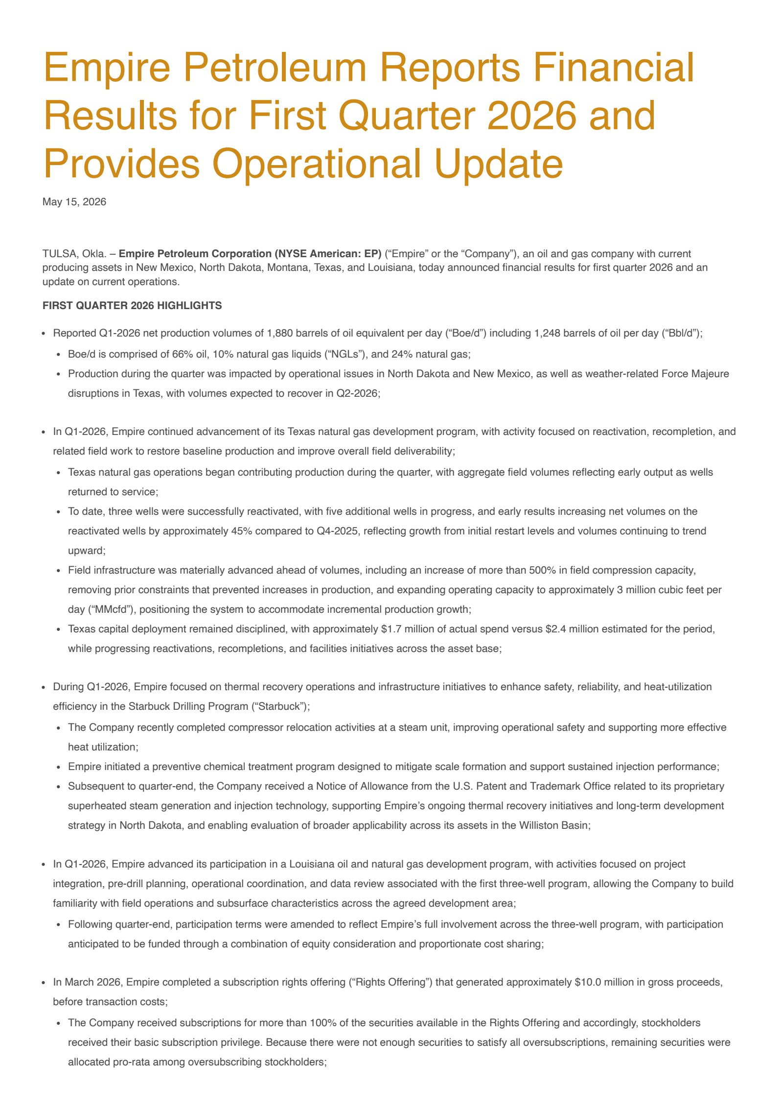El Paso's Q1 2026 Press Release