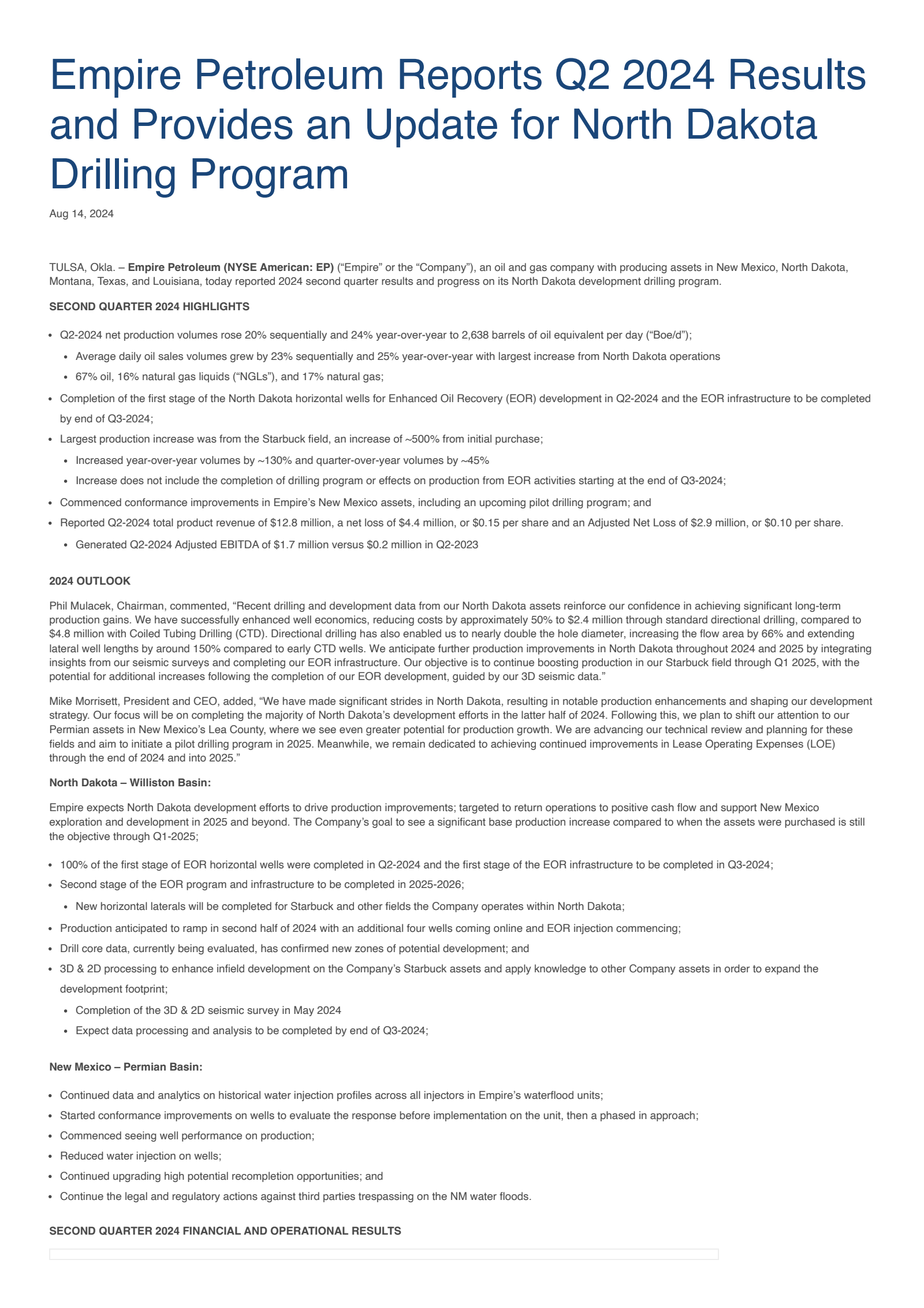 El Paso's Q2 2024 Press Release