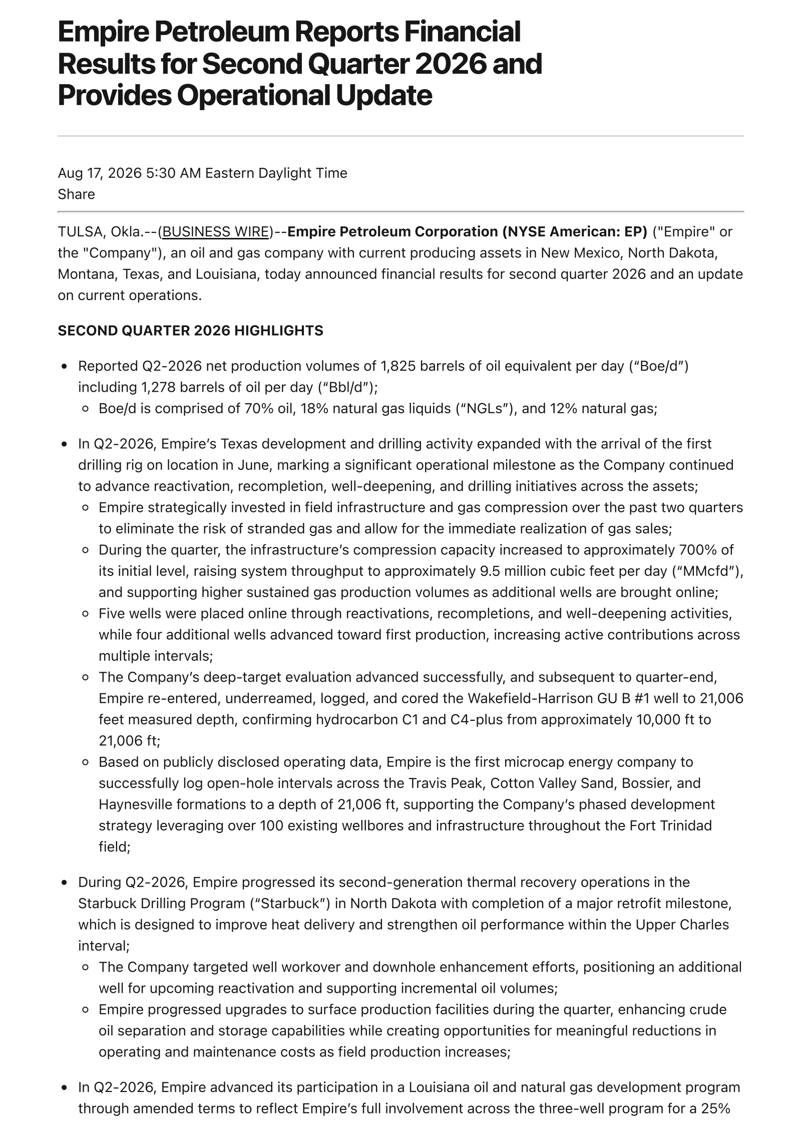 El Paso's Q2 2026 Press Release