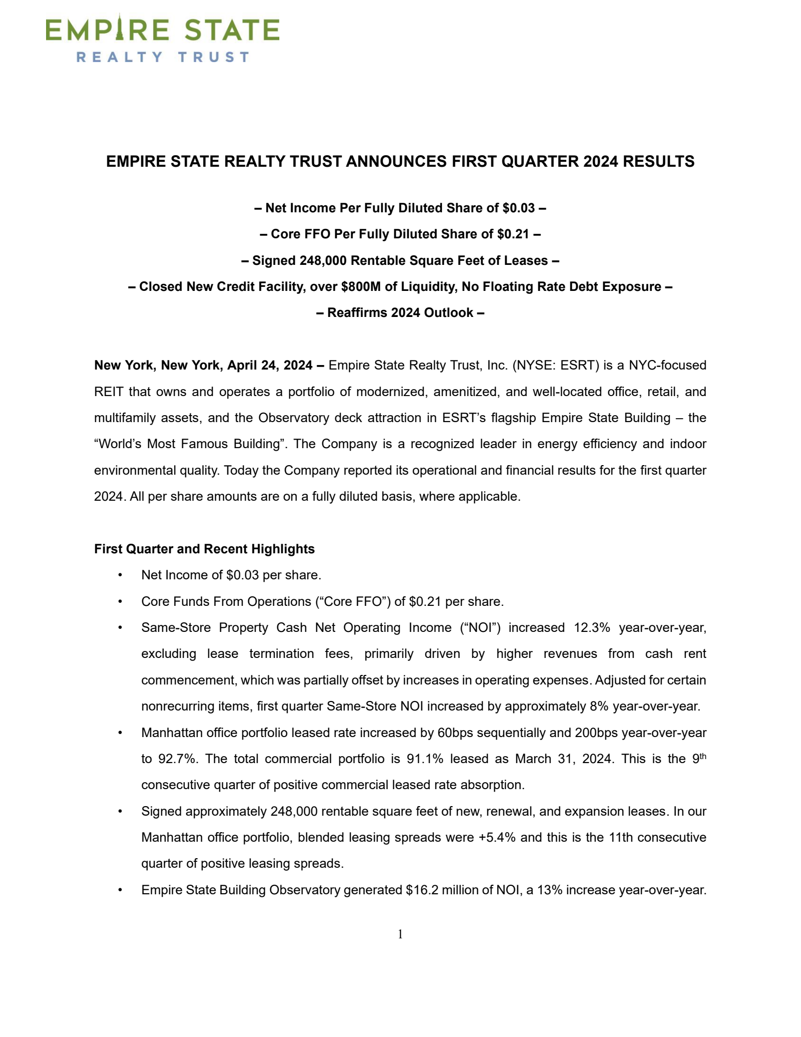 Empire State Realty Trust's Q1 2024 Press Release
