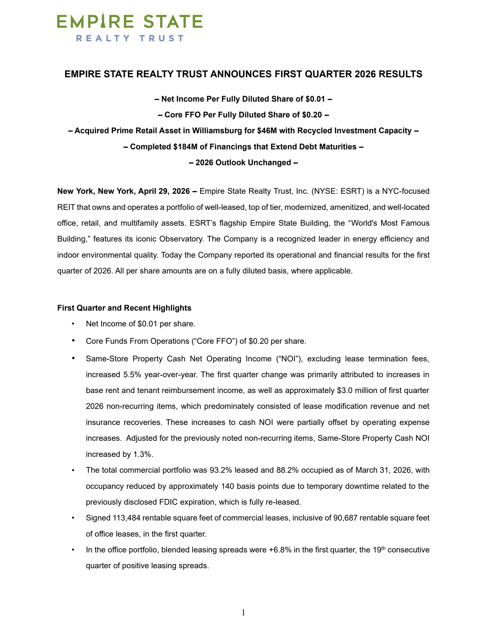 Empire State Realty Trust's Q1 2026 Press Release