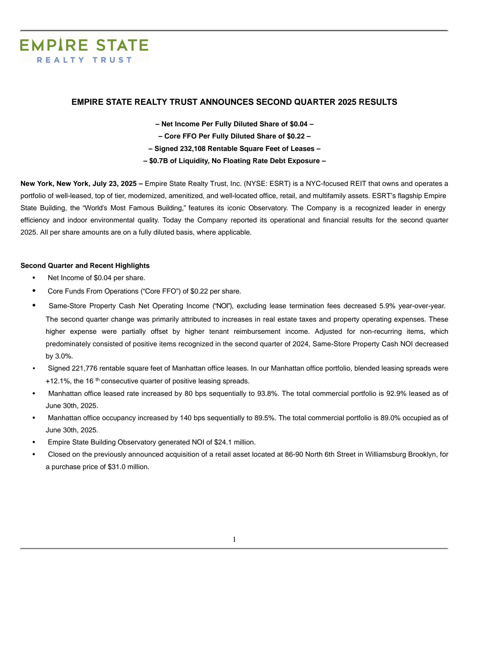 Empire State Realty Trust's Q2 2025 Press Release