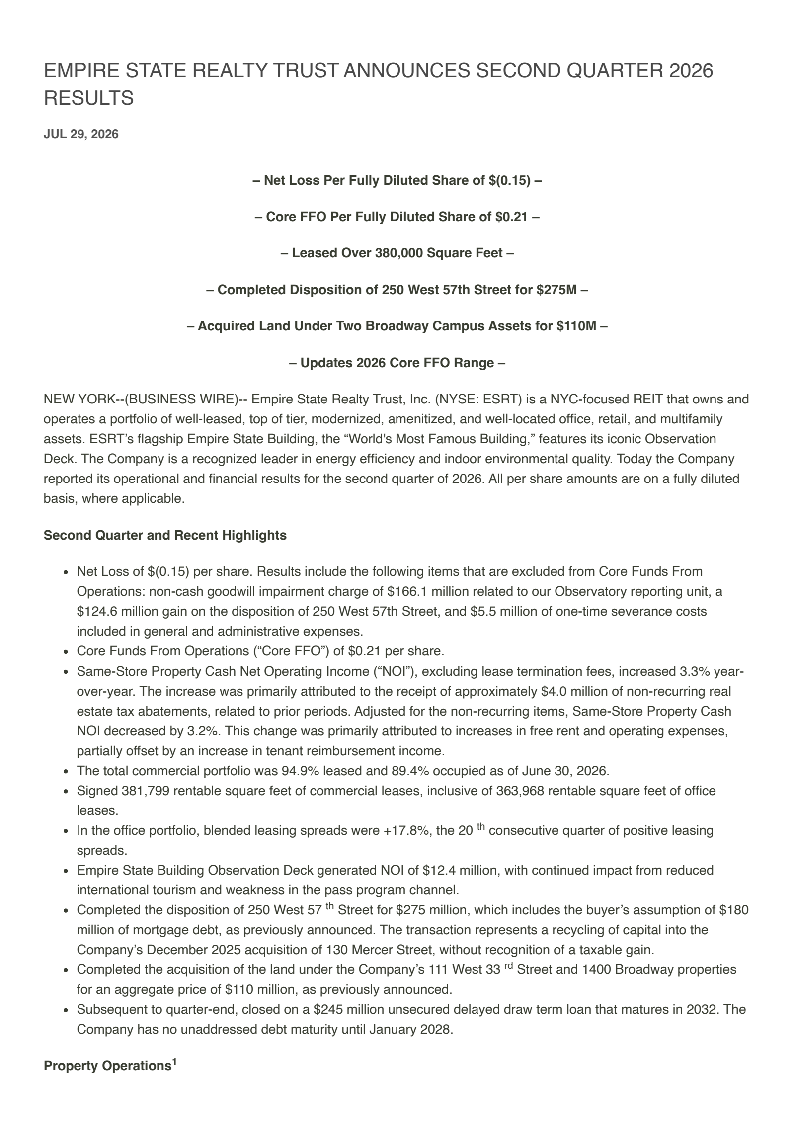 Empire State Realty Trust's Q2 2026 Press Release