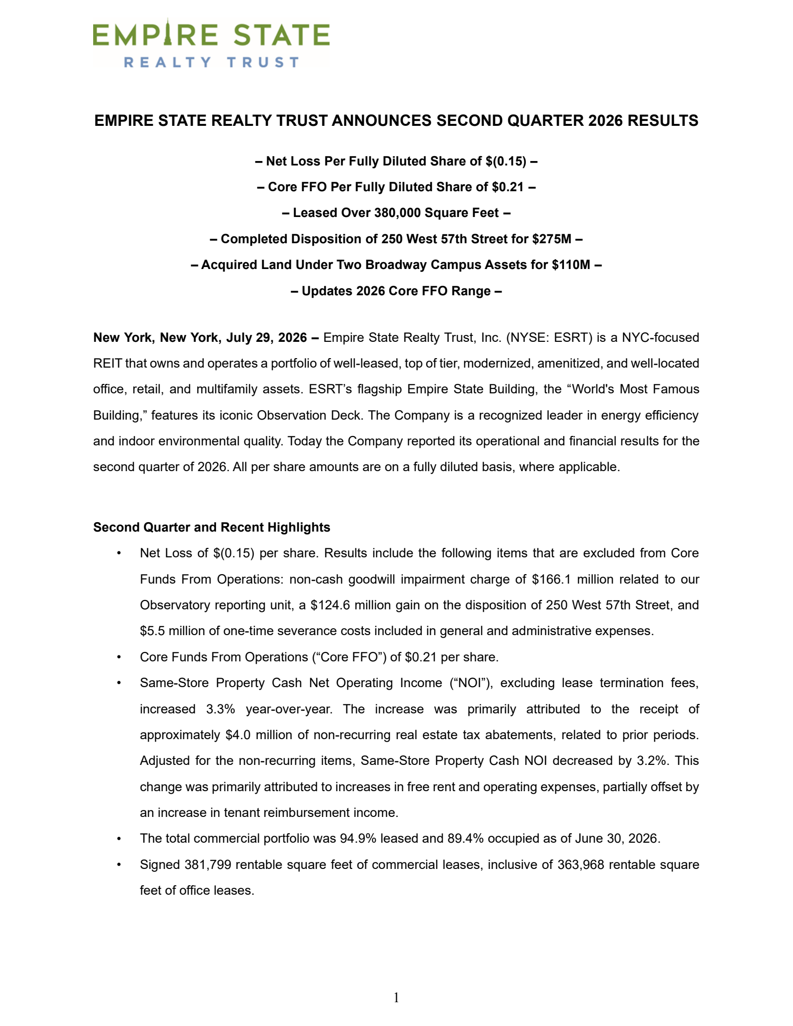 Empire State Realty Trust's Q2 2026 Press Release