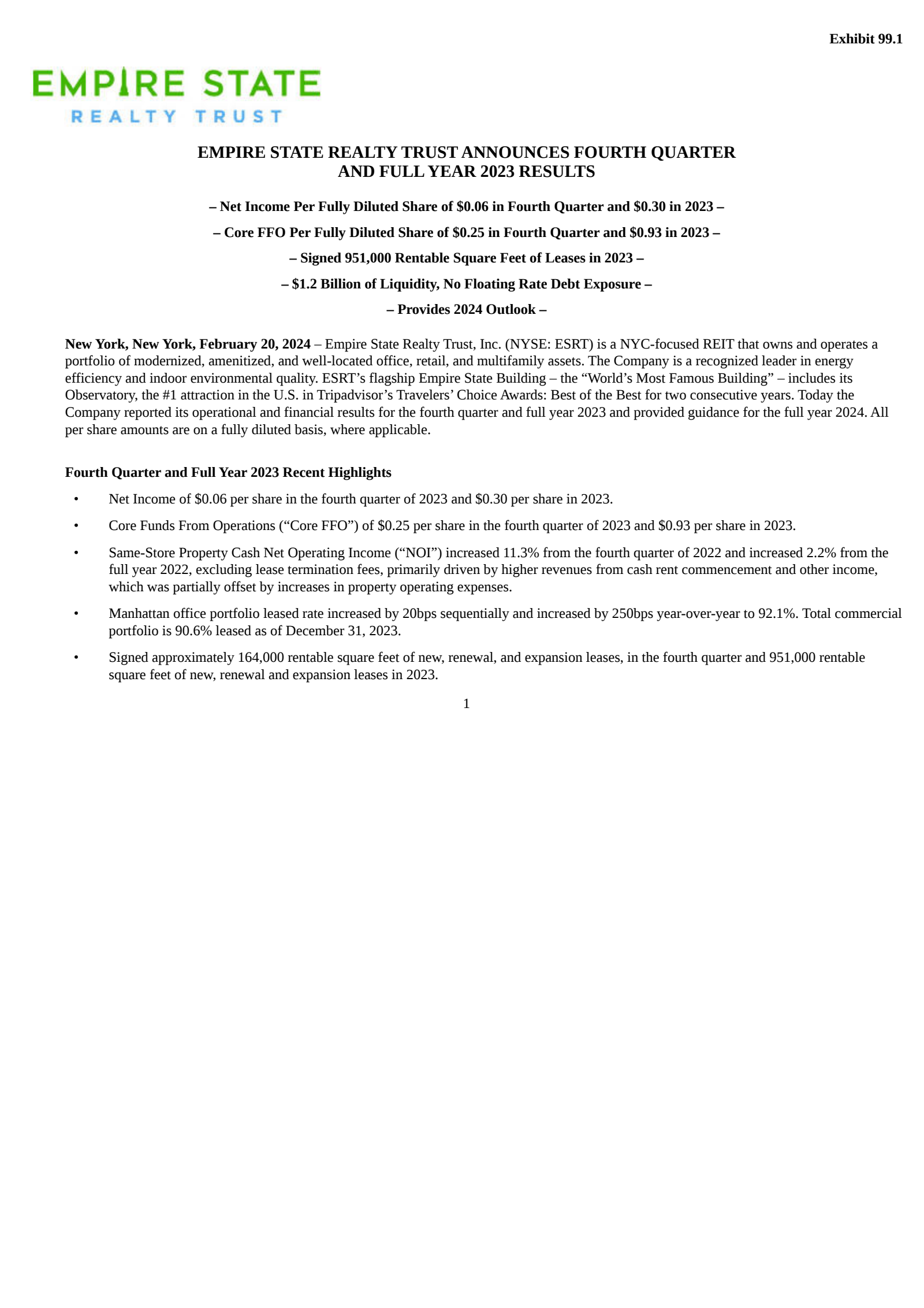 Empire State Realty Trust's Q4 2023 Press Release