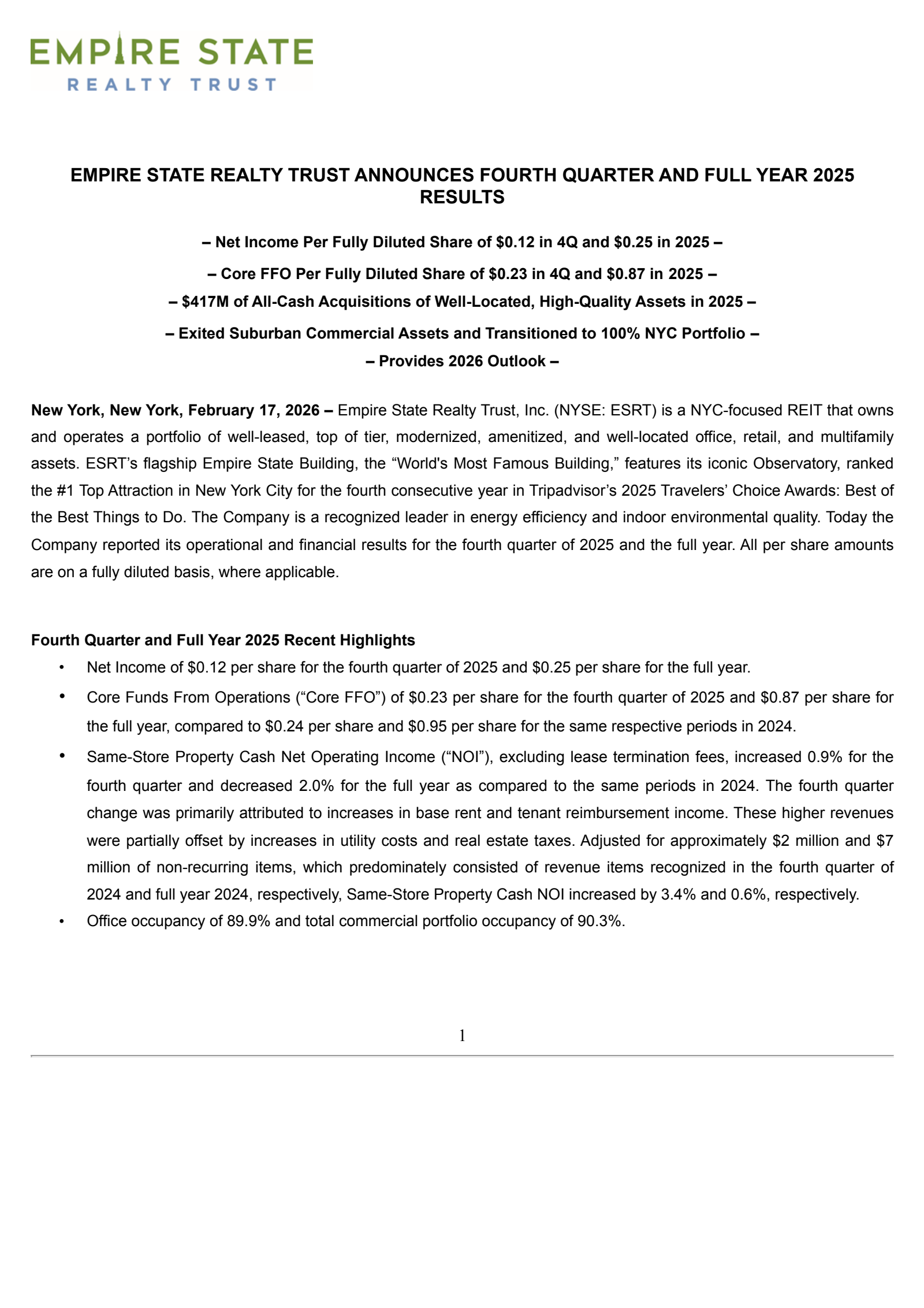 Empire State Realty Trust's Q4 2025 Press Release