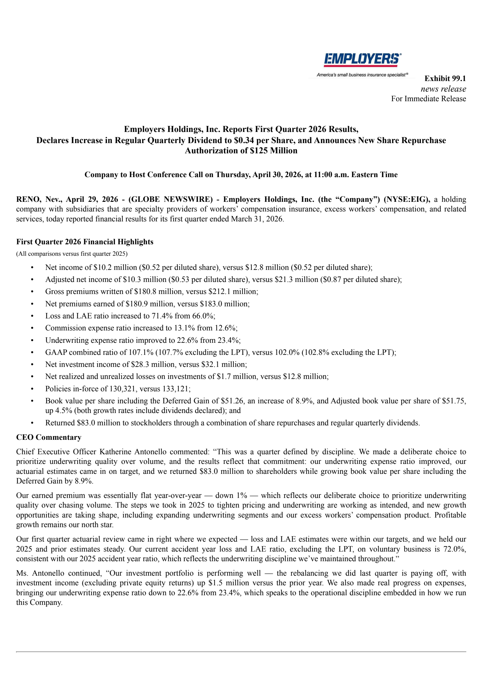 Employers' Q1 2026 Press Release