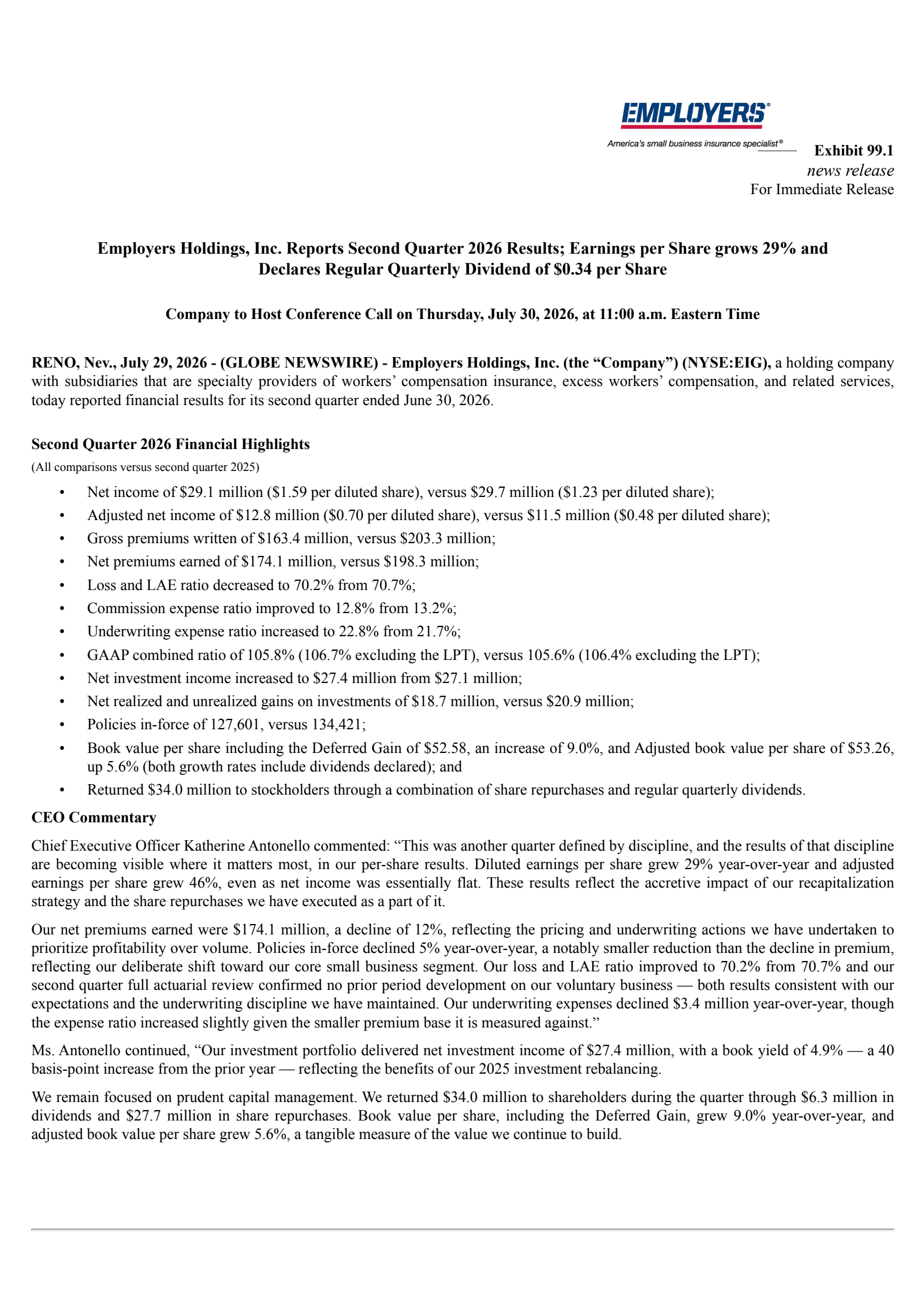 Employers' Q2 2026 Press Release