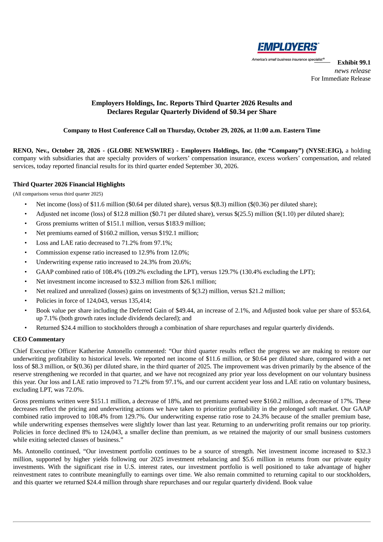 Employers' Q3 2026 Press Release