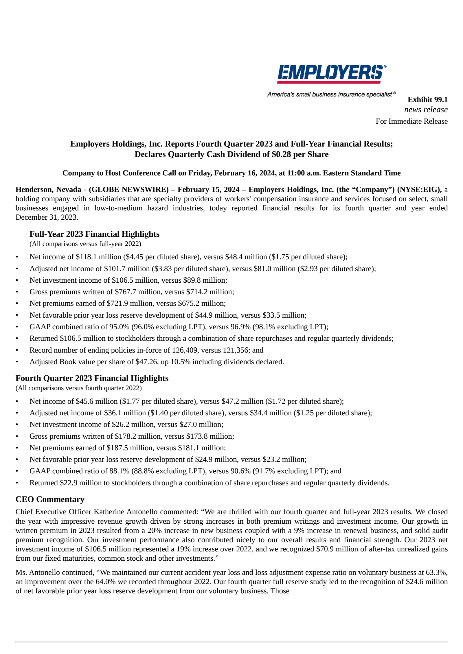 Employers' Q4 2023 Press Release