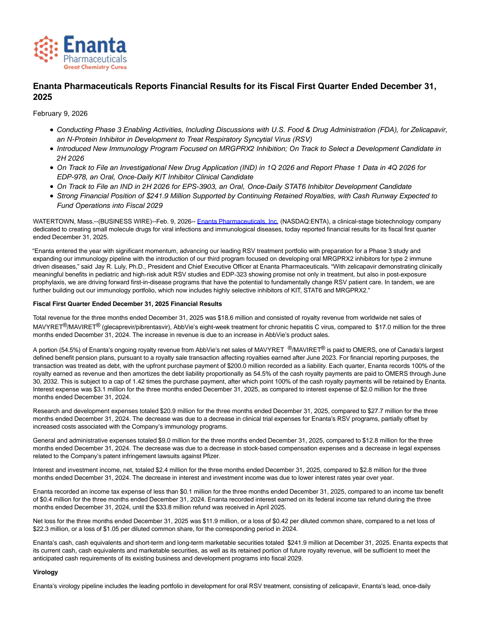 Enanta Pharmaceuticals' Q1 2026 Press Release