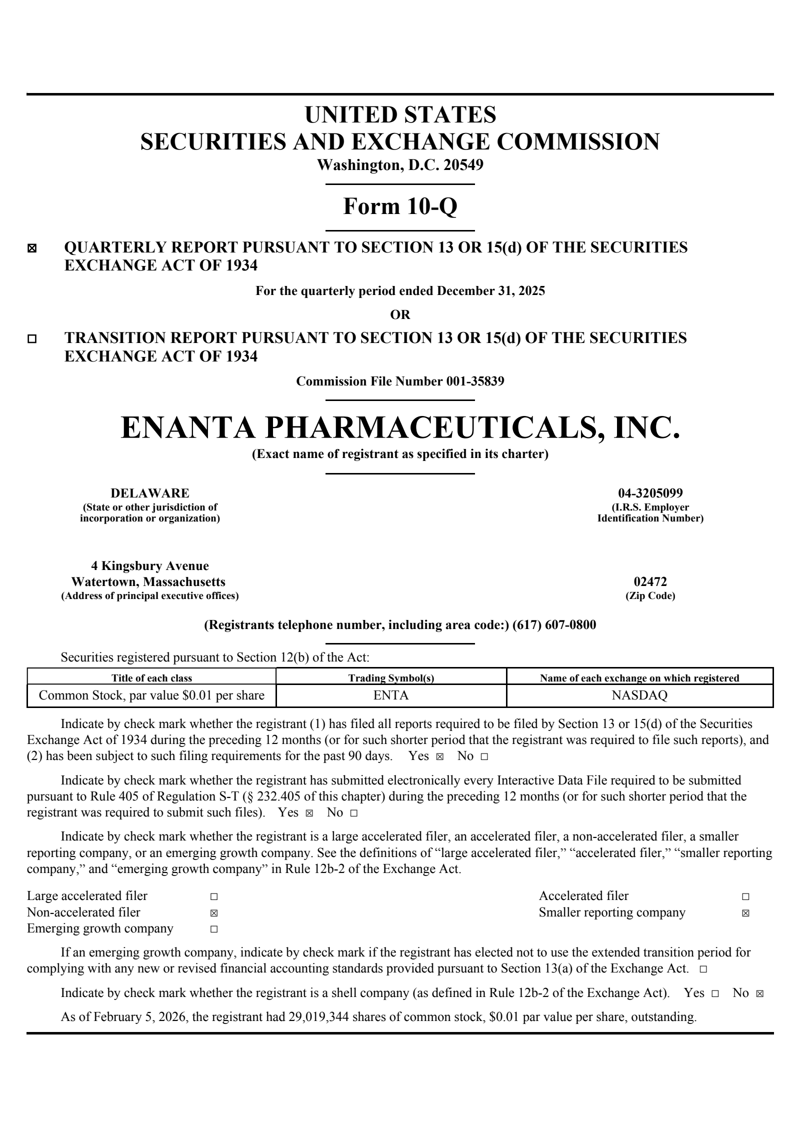 Enanta Pharmaceuticals' Q1 2026 Quarterly report