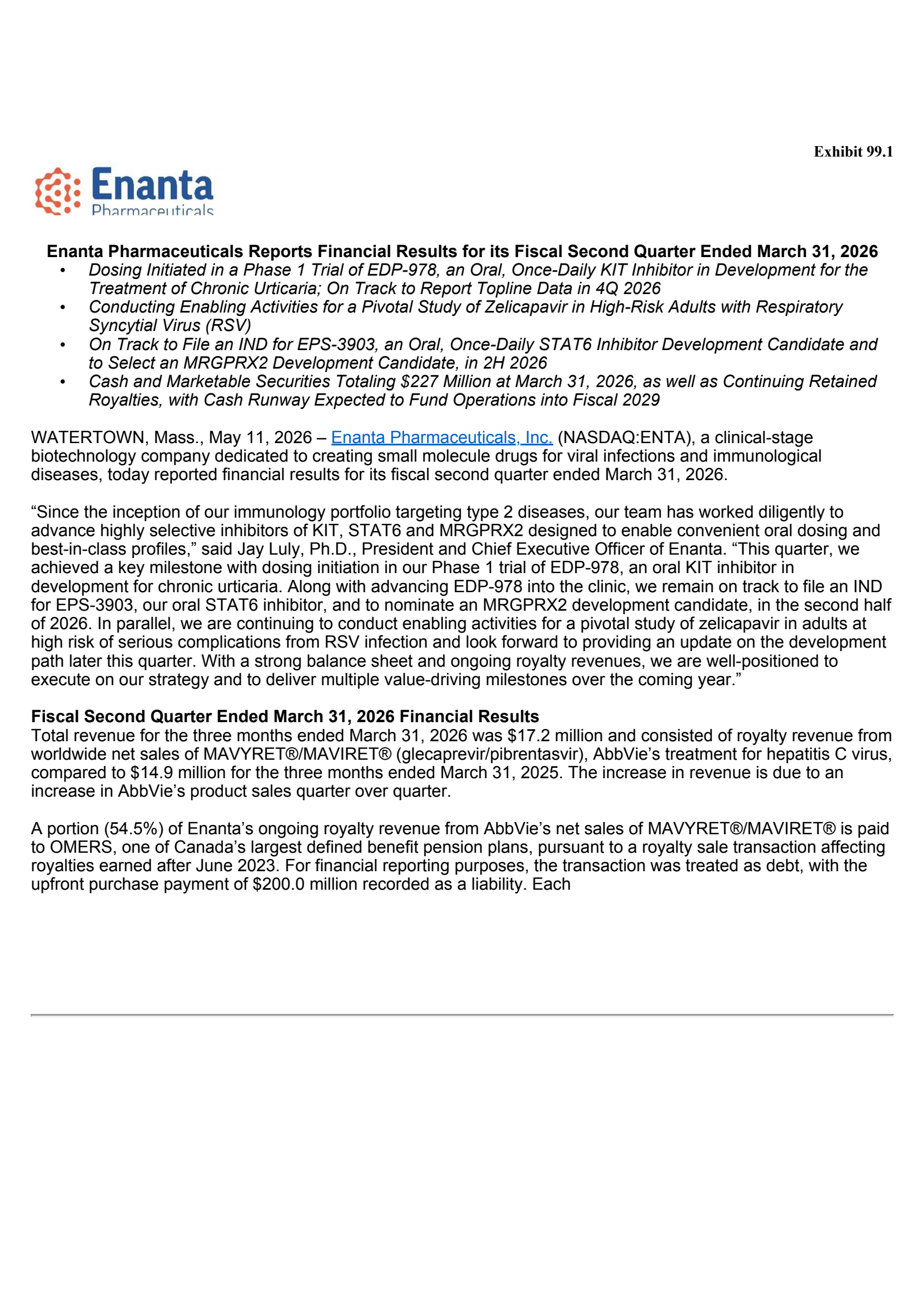 Enanta Pharmaceuticals' Q2 2026 Press Release