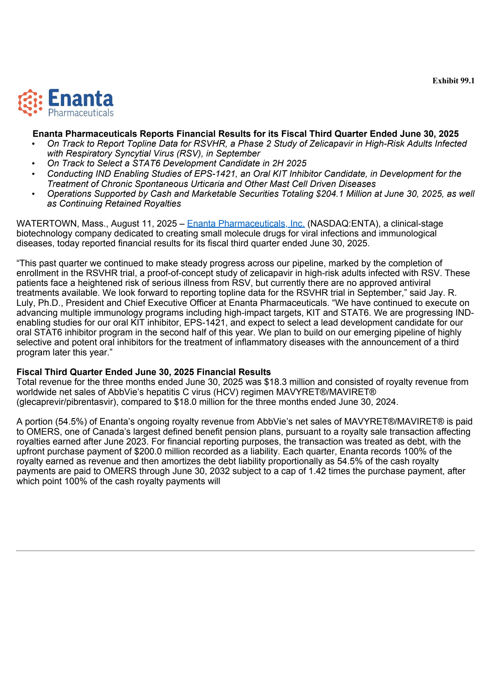 Enanta Pharmaceuticals' Q3 2025 Press Release