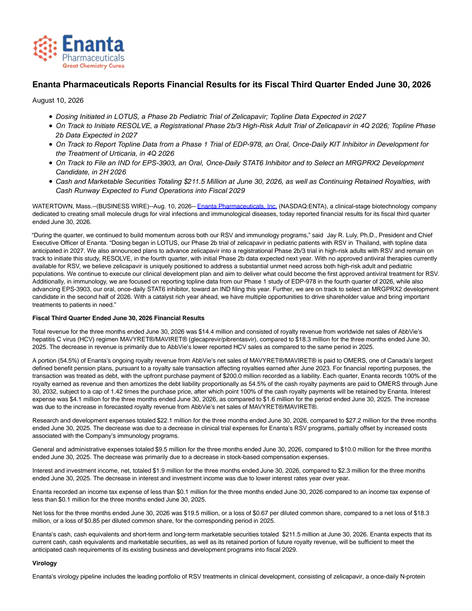 Enanta Pharmaceuticals' Q3 2026 Press Release