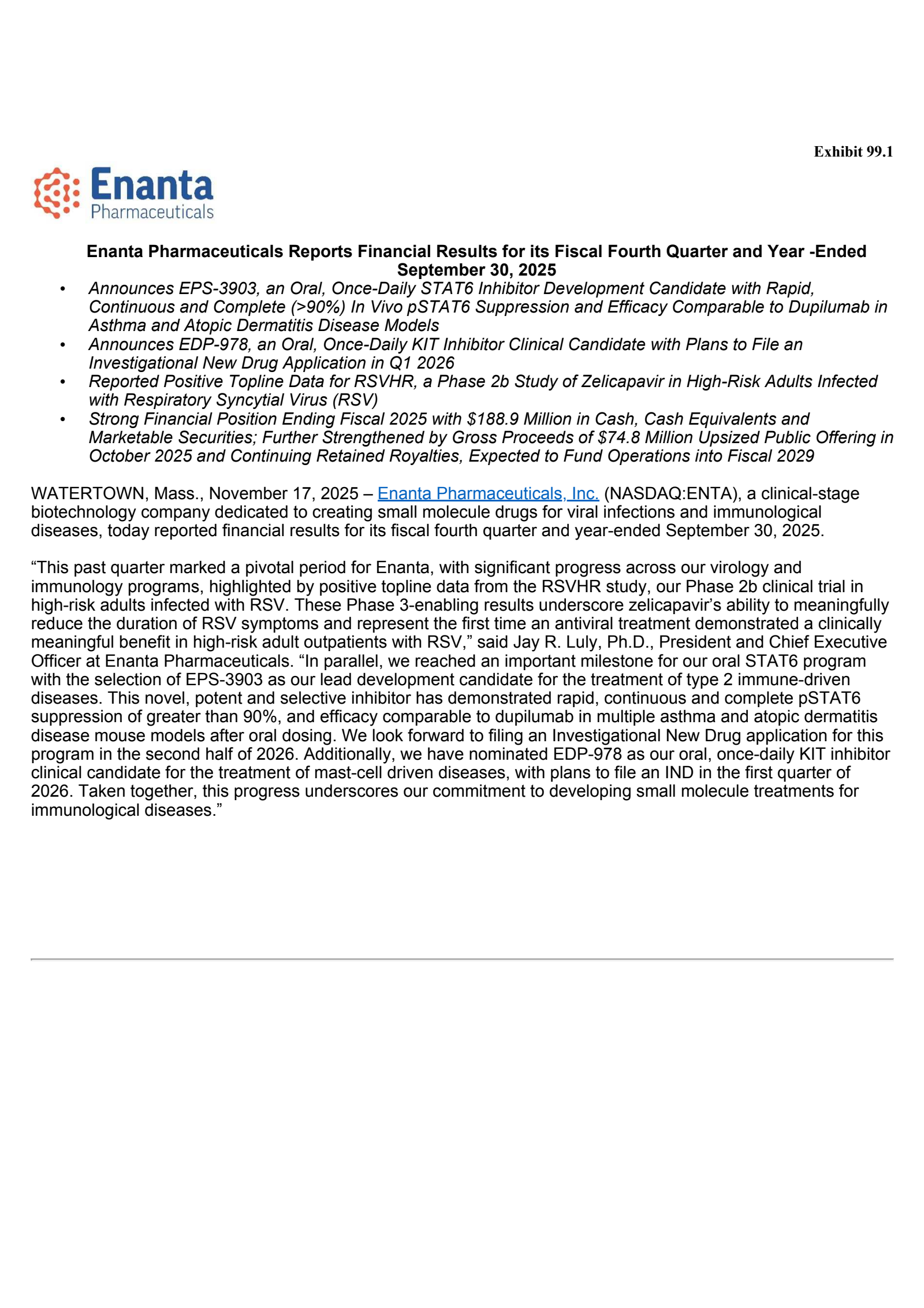 Enanta Pharmaceuticals' Q4 2025 Earnings Release
