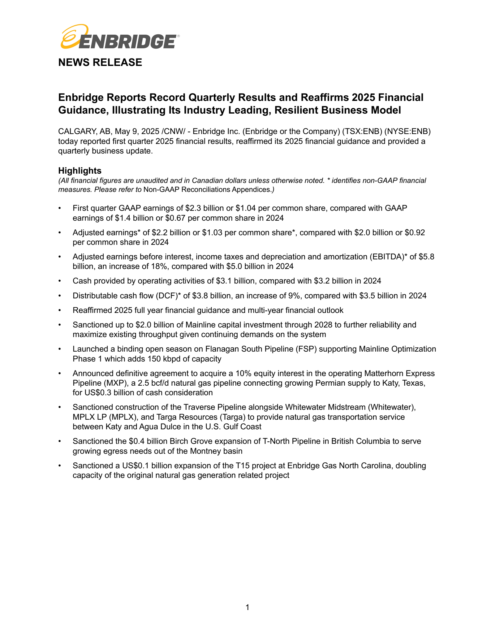 Enbridge's Q1 2025 Earnings Release