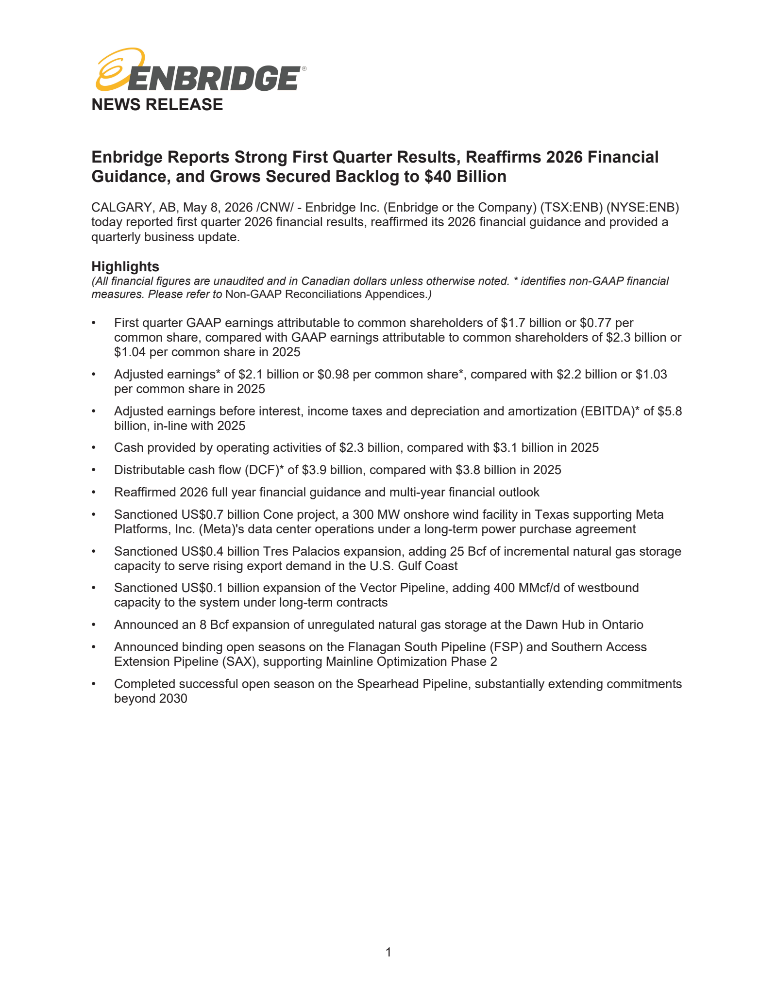 Enbridge's Q1 2026 Press Release