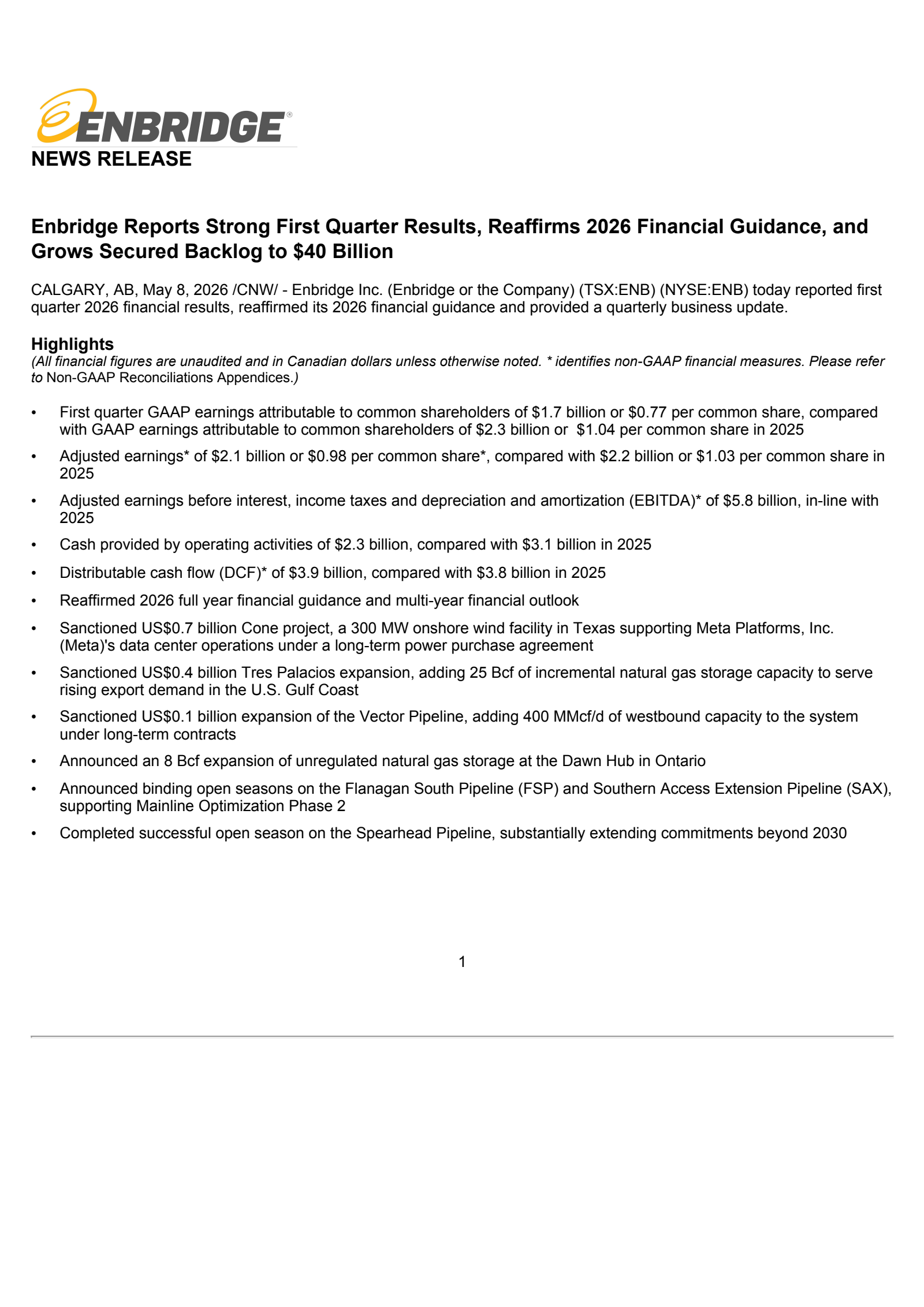 Enbridge's Q1 2026 Press Release