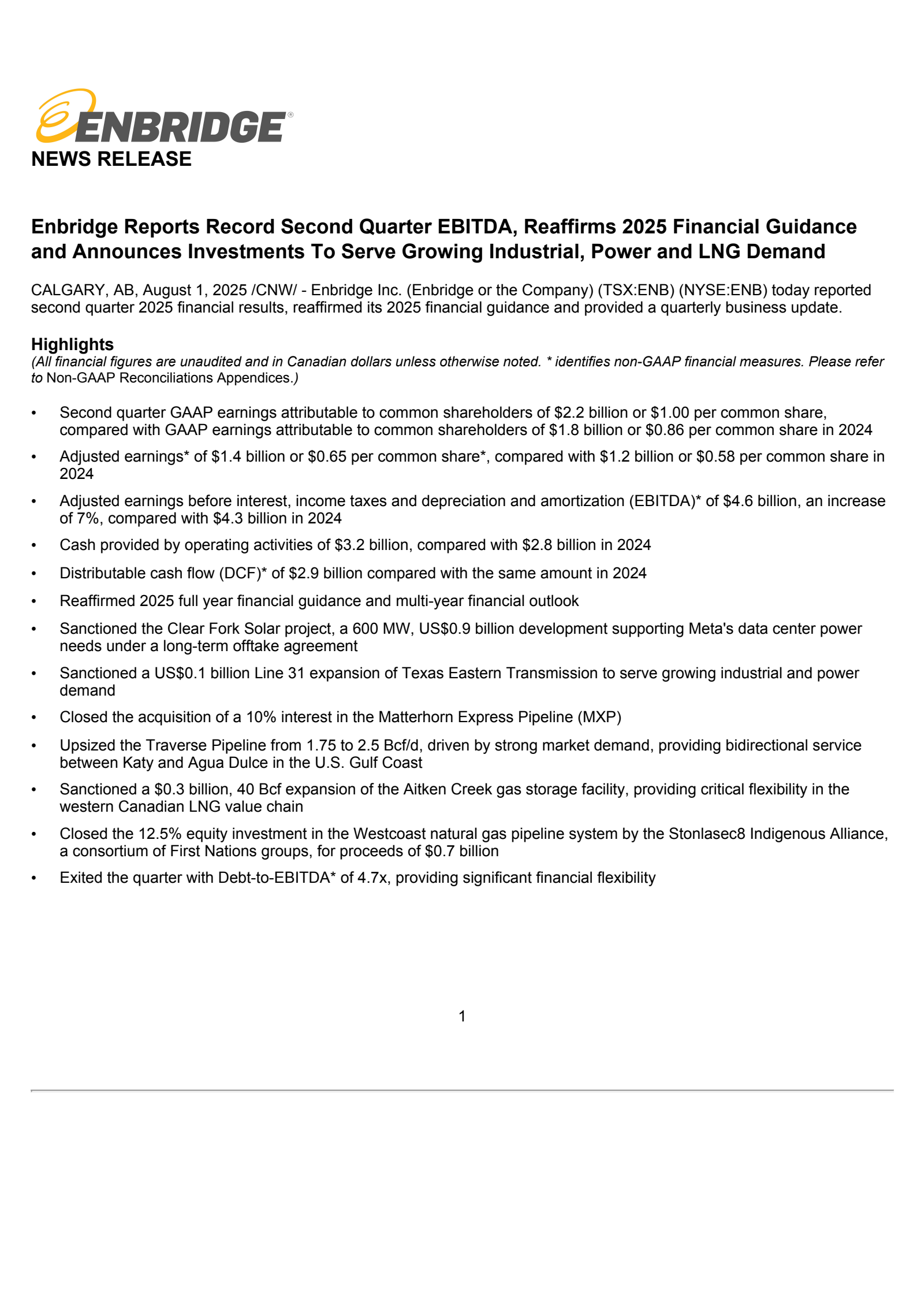 Enbridge's Q2 2025 Press Release
