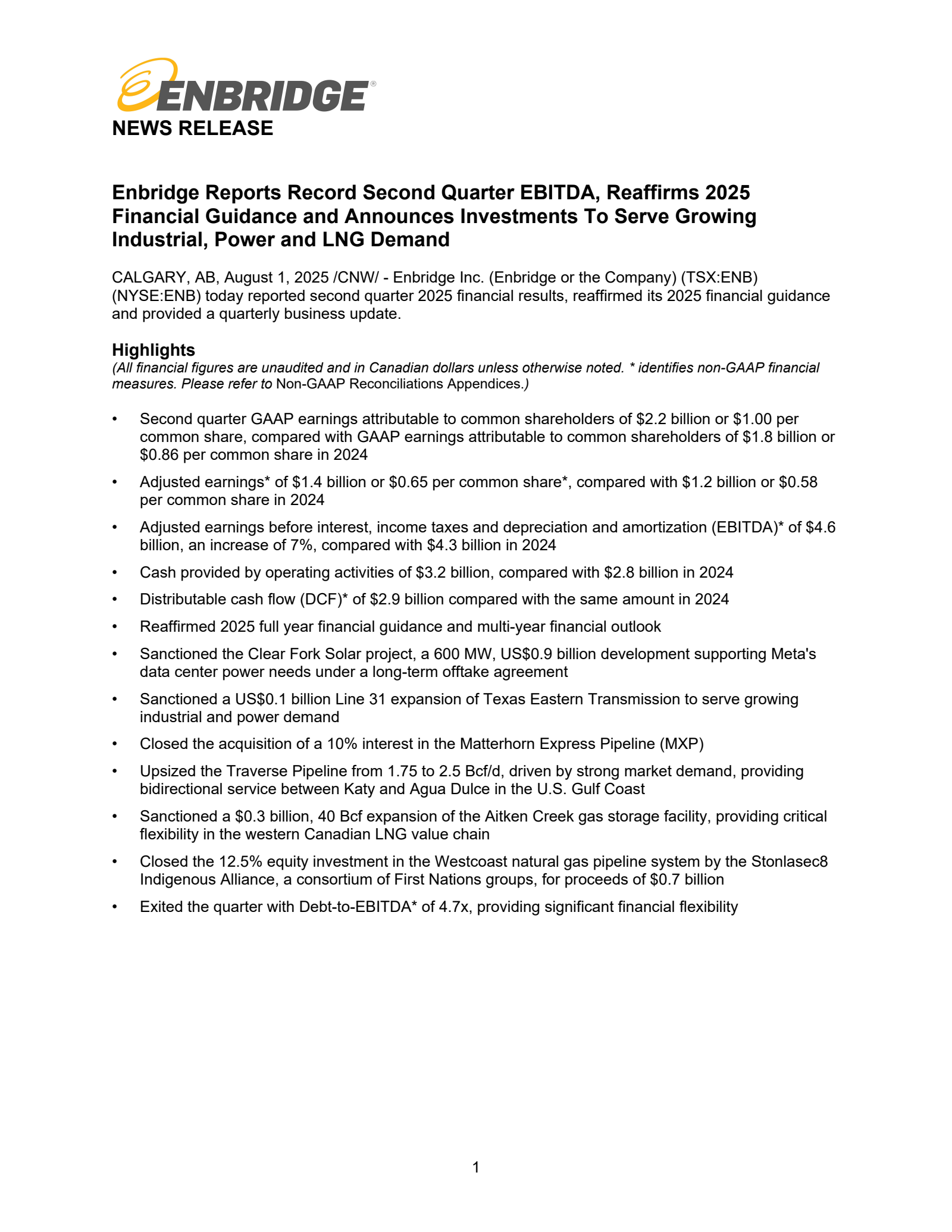 Enbridge's Q2 2025 Earnings Release