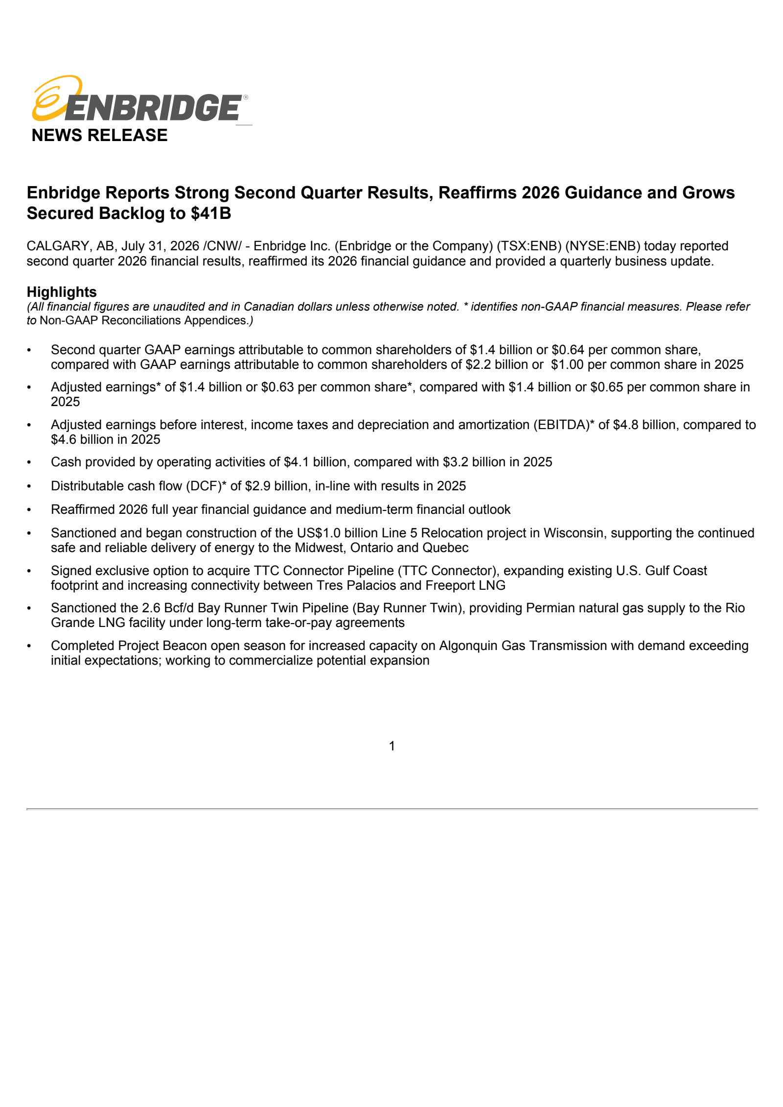 Enbridge's Q2 2026 Press Release