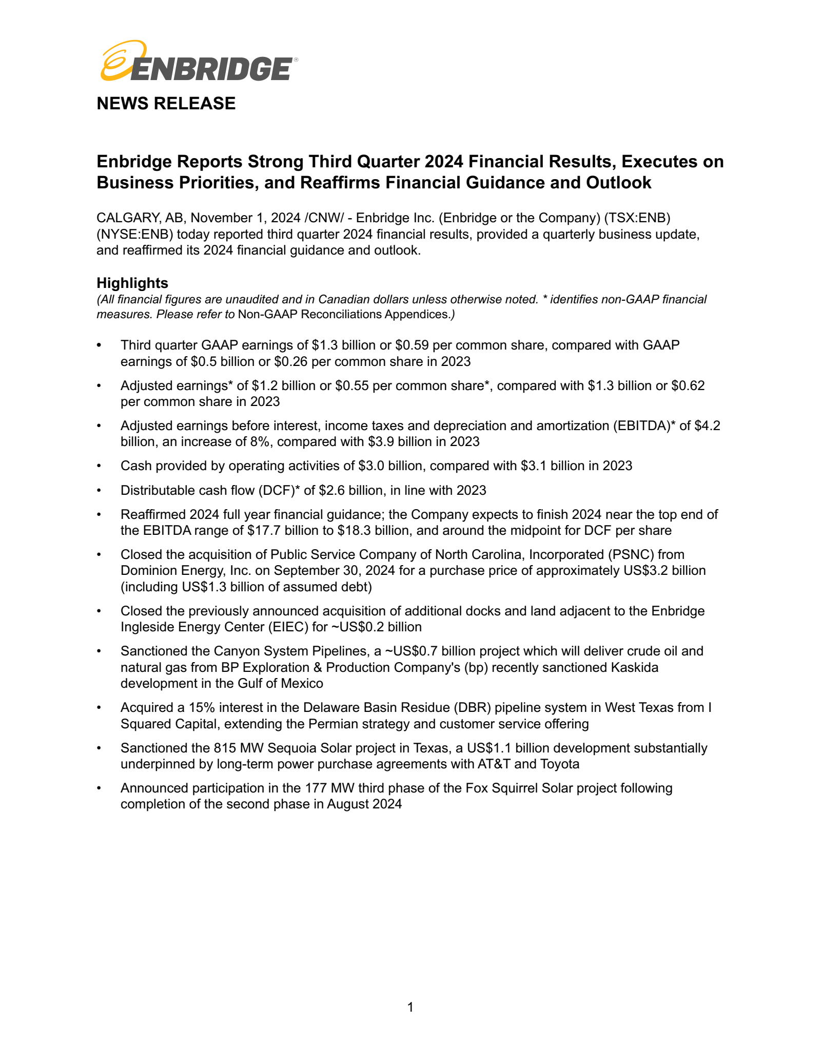 Enbridge's Q3 2024 Earnings Release
