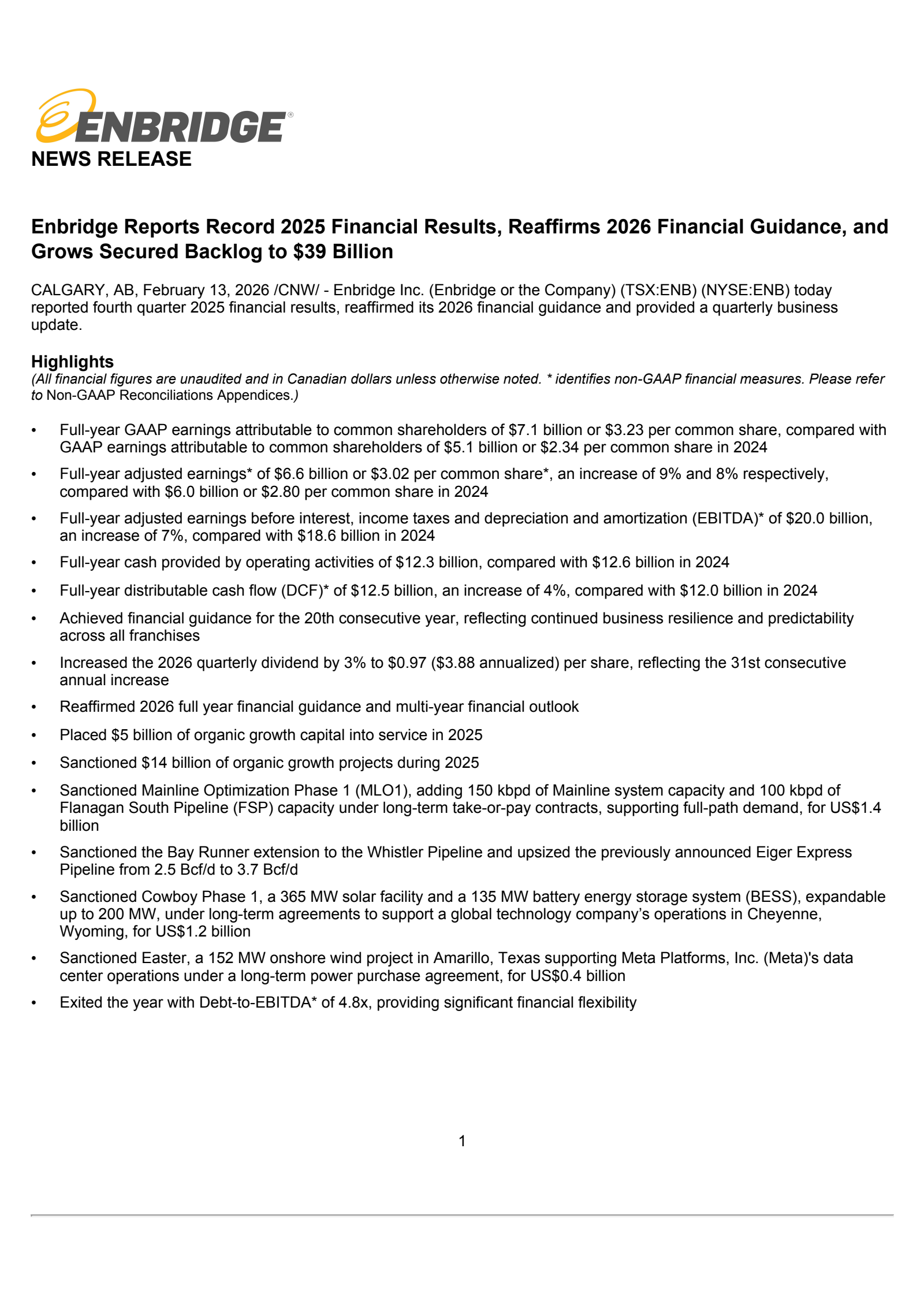 Enbridge's Q4 2025 Press Release