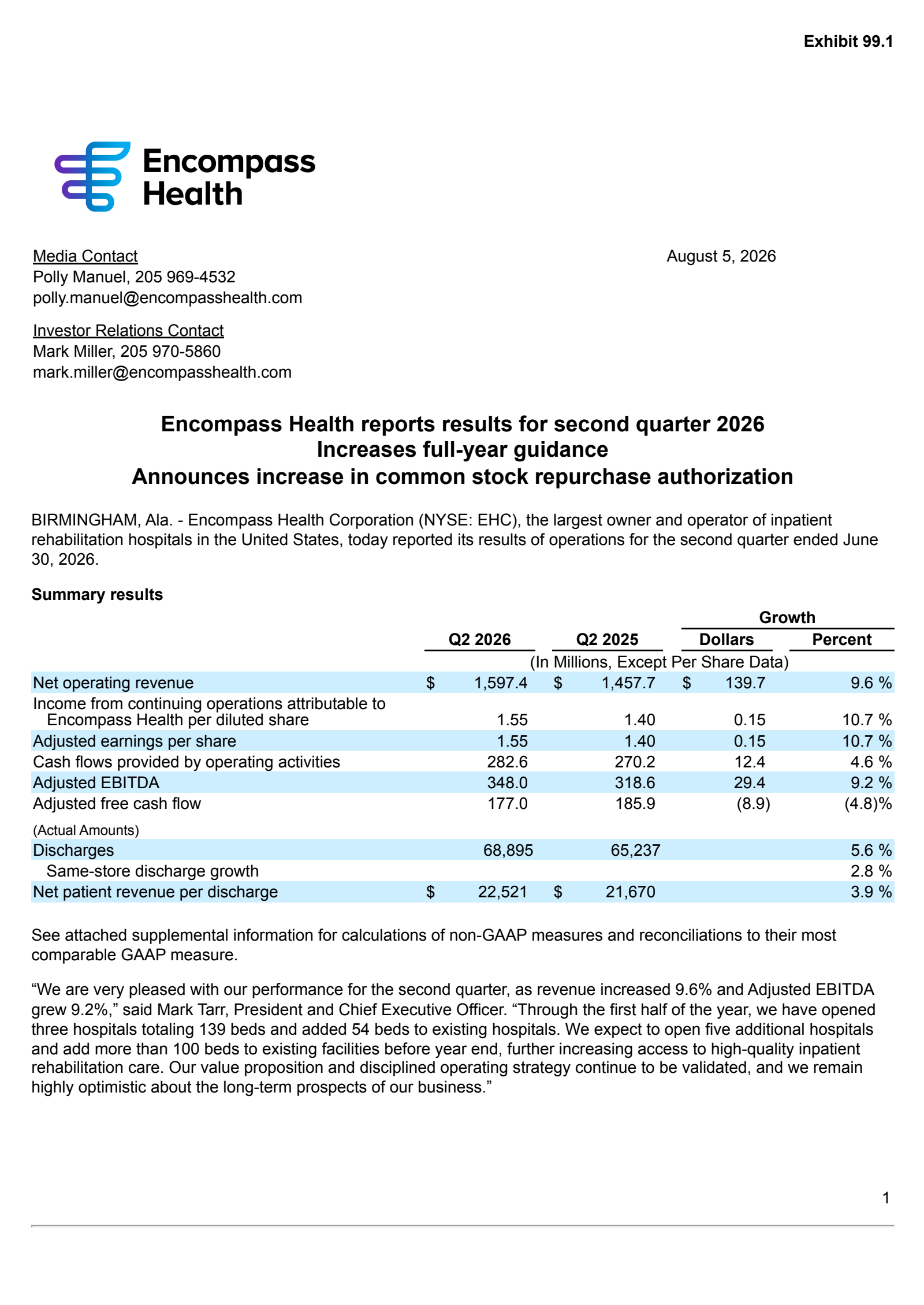 Encompass Health's Q2 2026 Press Release