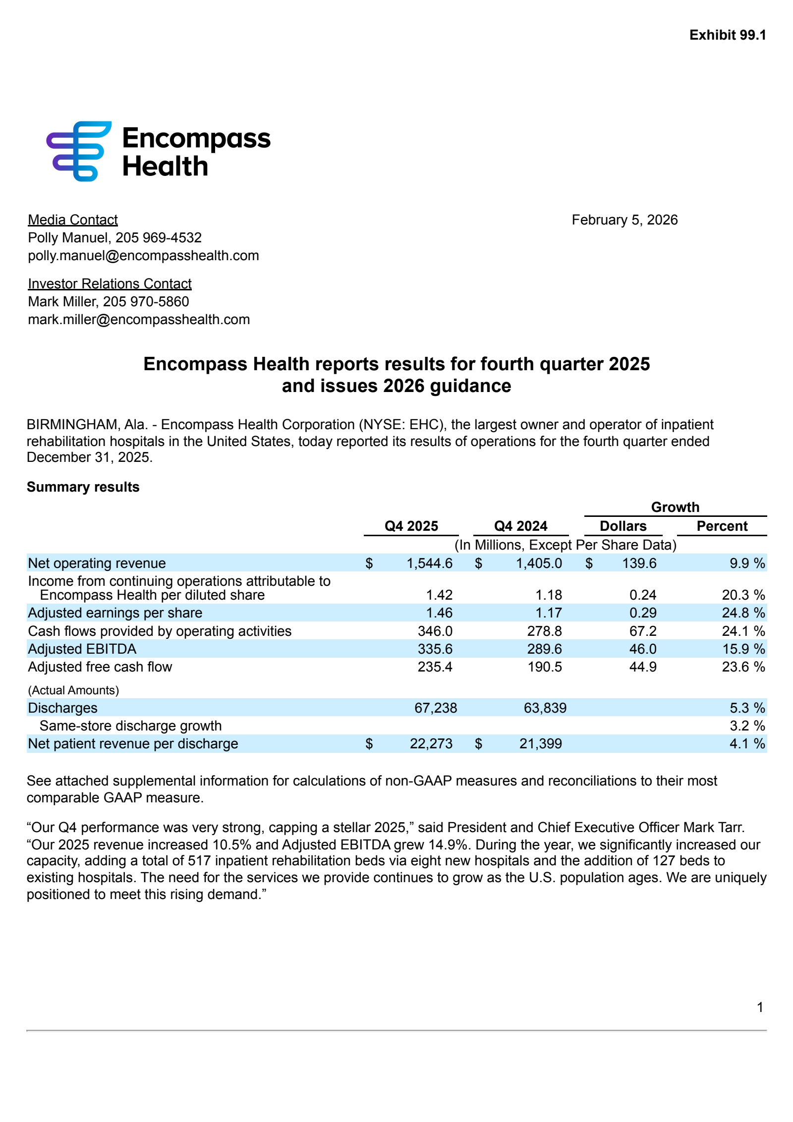 Encompass Health's Q4 2025 Press Release