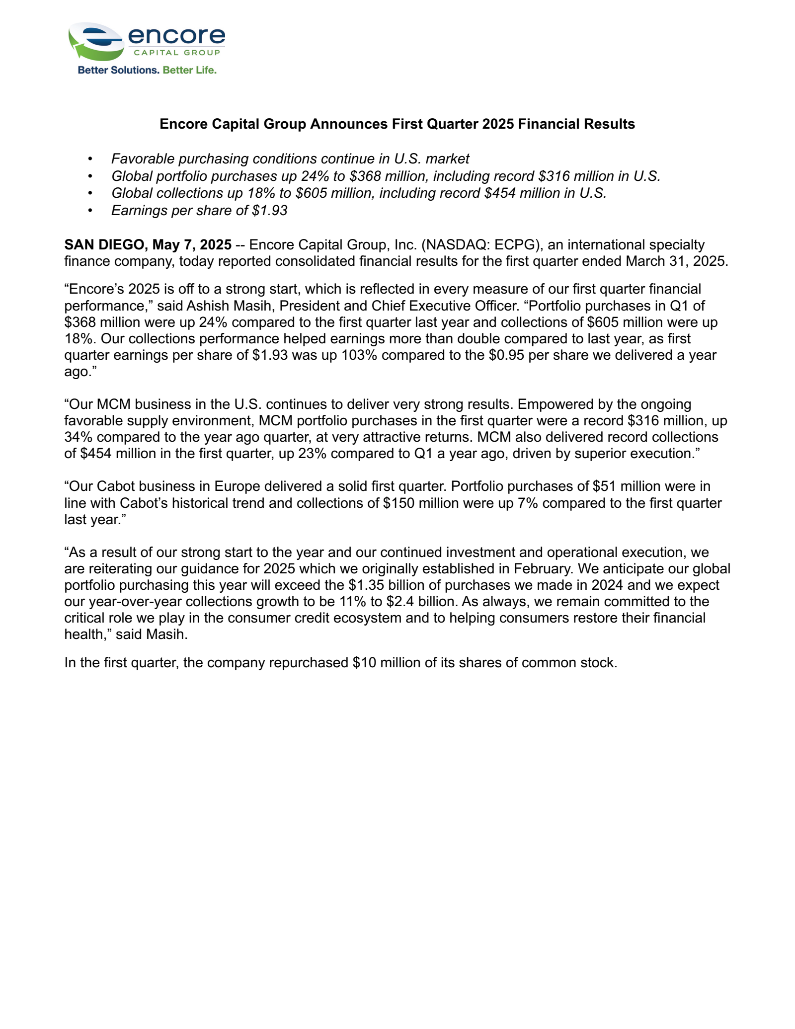 Encore Capital Group's Q1 2025 Press Release