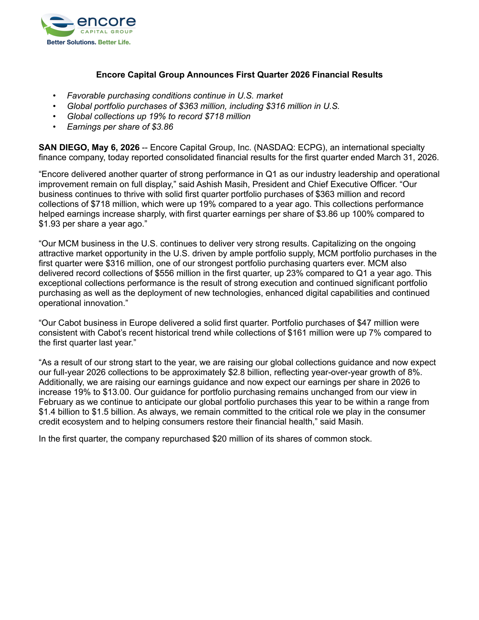 Encore Capital Group's Q1 2026 Press Release