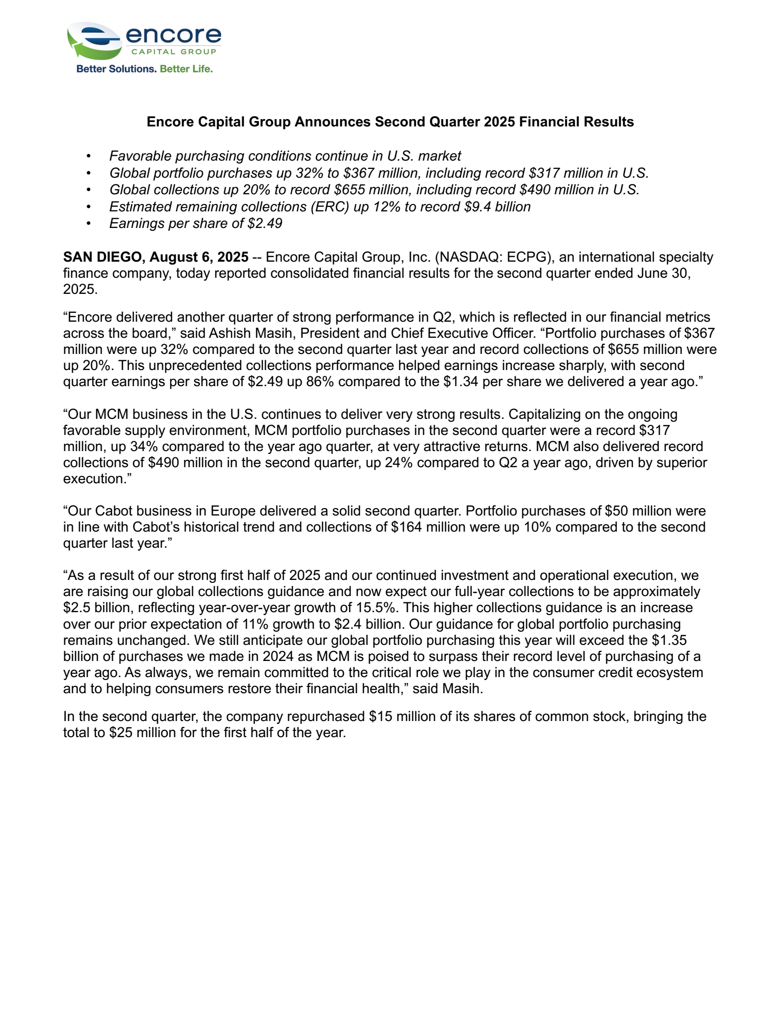 Encore Capital Group's Q2 2025 Press Release
