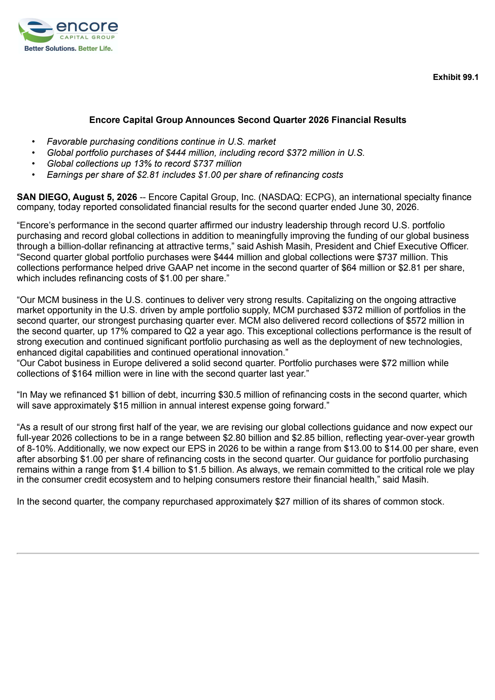 Encore Capital Group's Q2 2026 Press Release