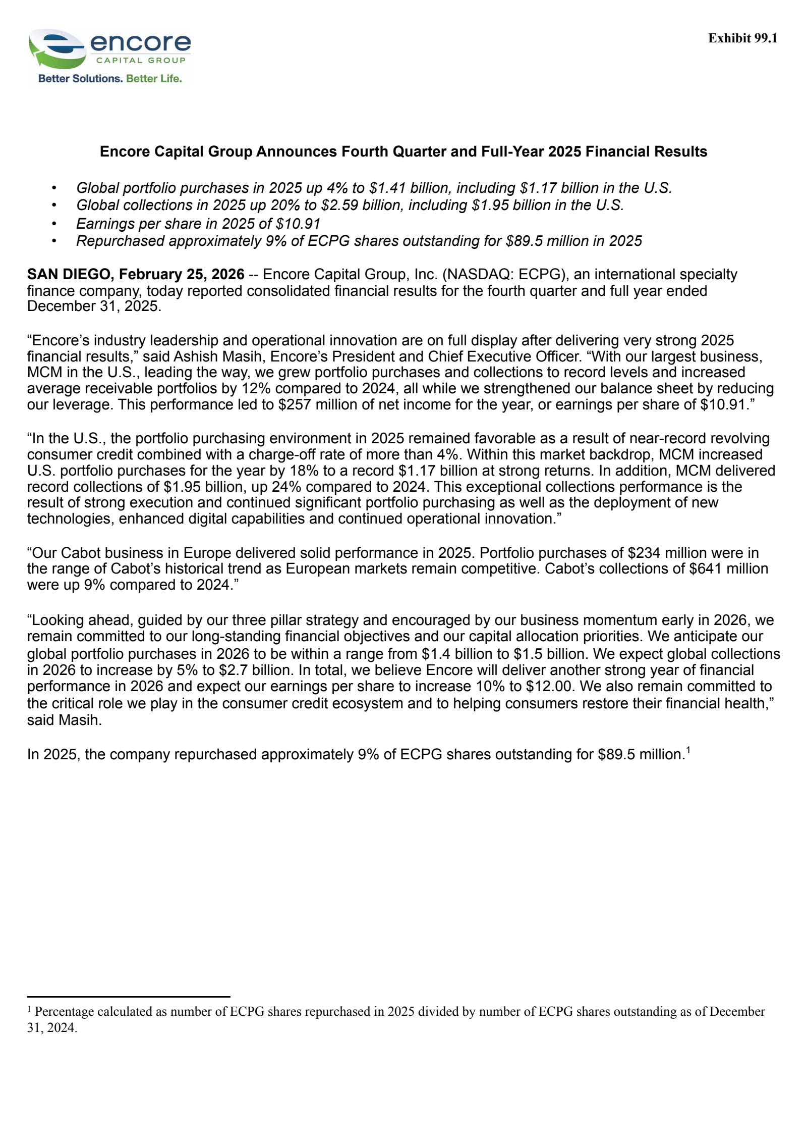 Encore Capital Group's Q4 2025 Press Release
