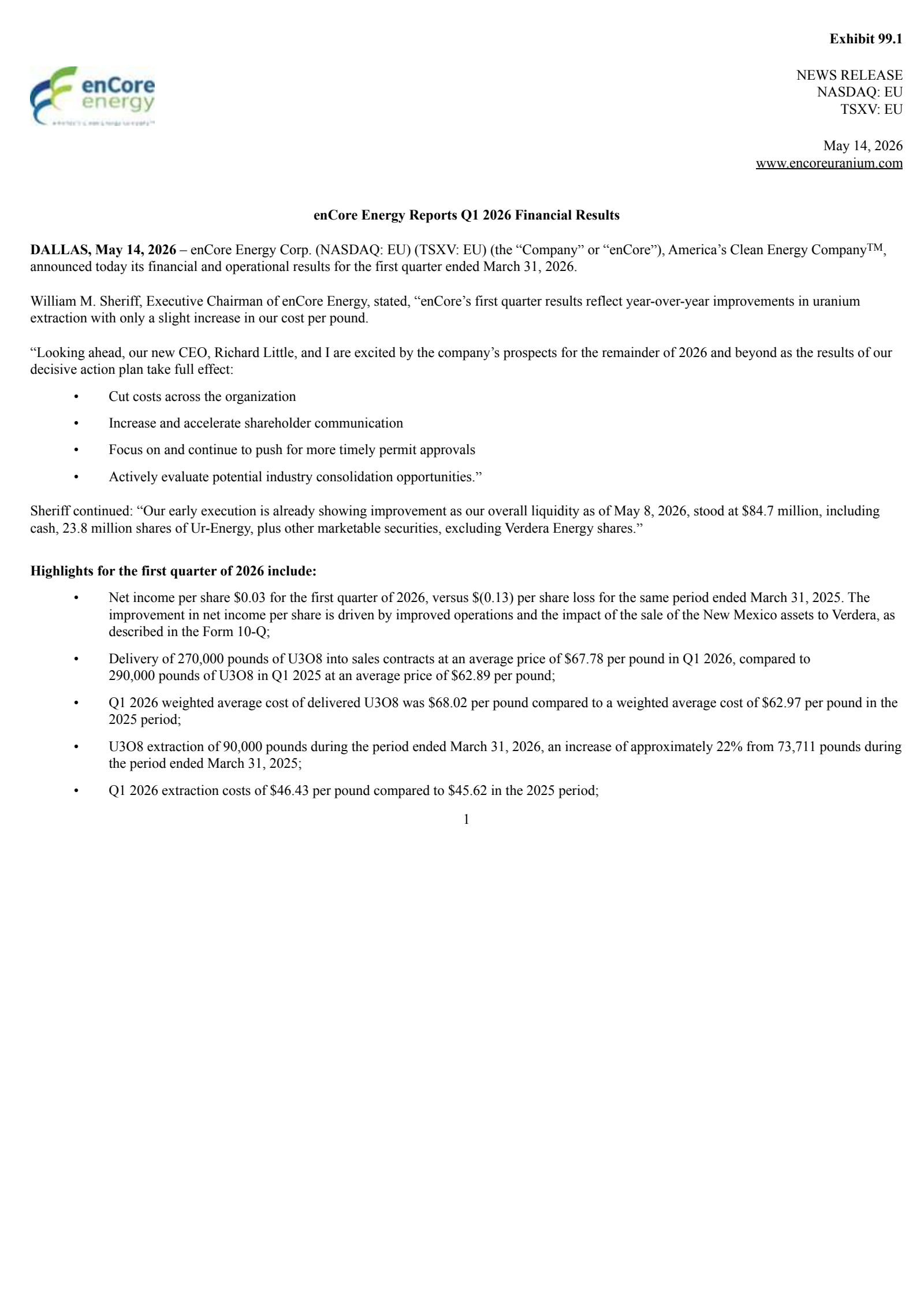 enCore Energy's Q1 2026 Press Release