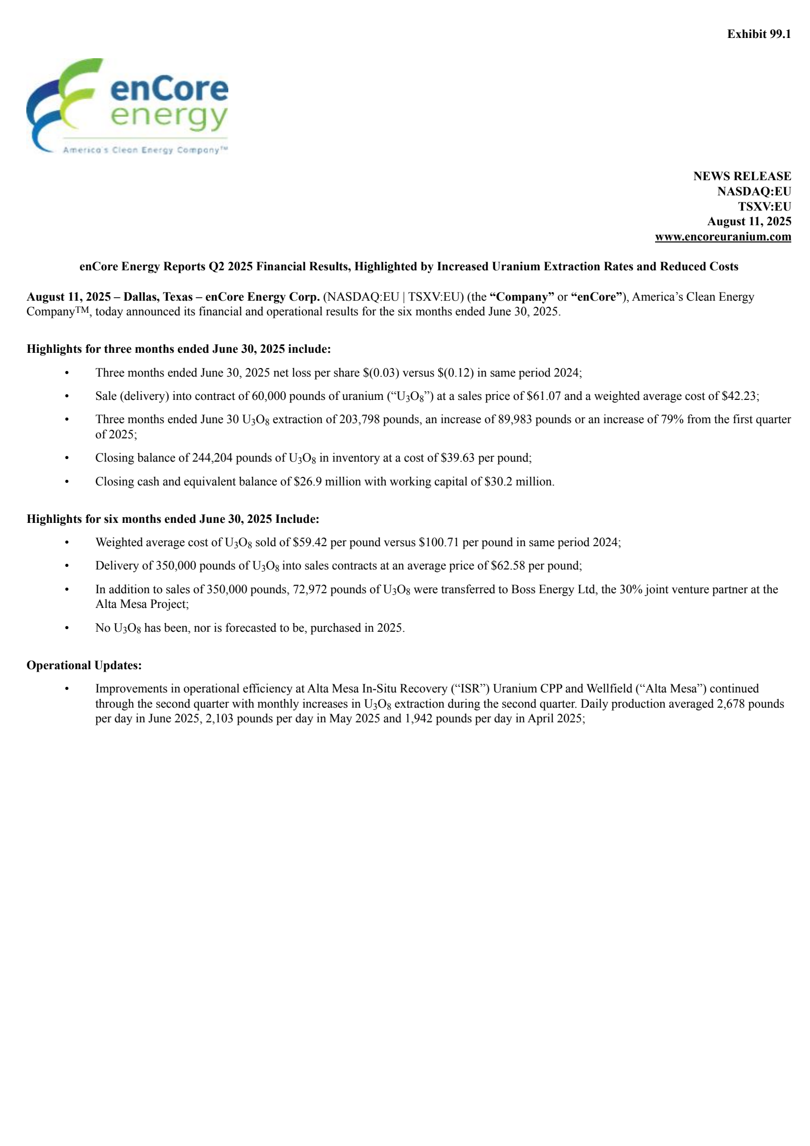 enCore Energy's Q2 2025 Press Release
