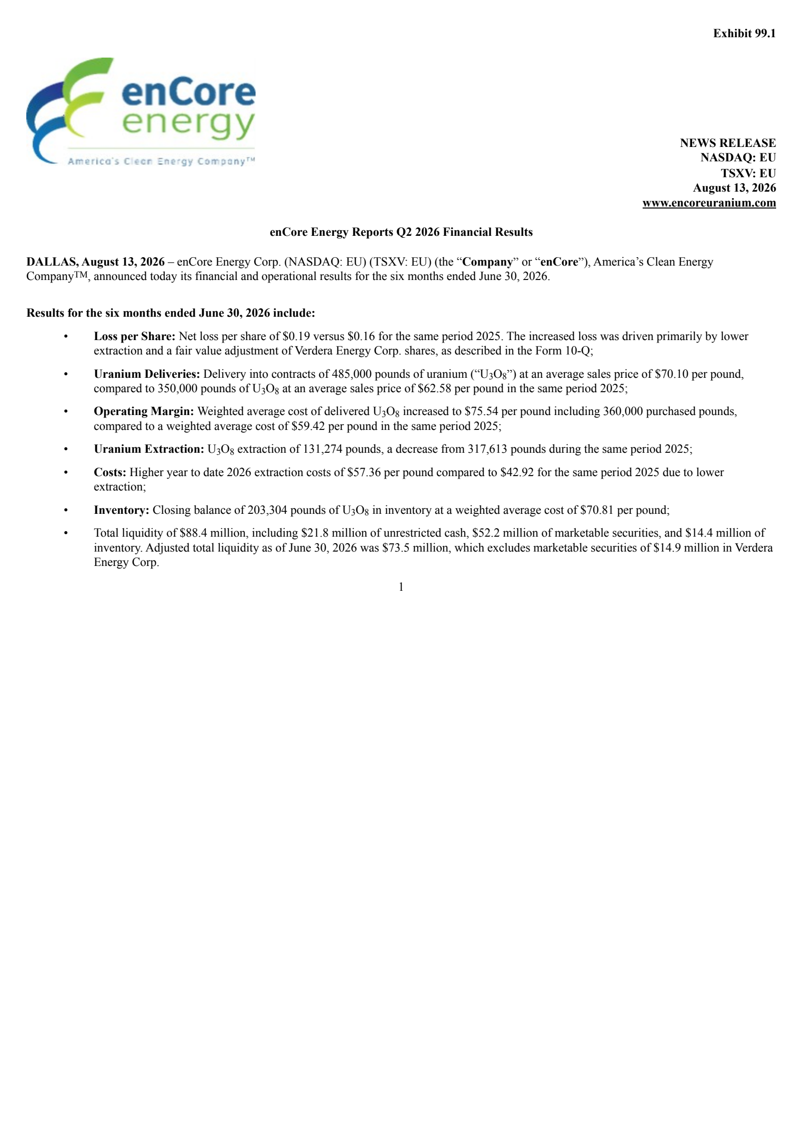 enCore Energy's Q2 2026 Press Release