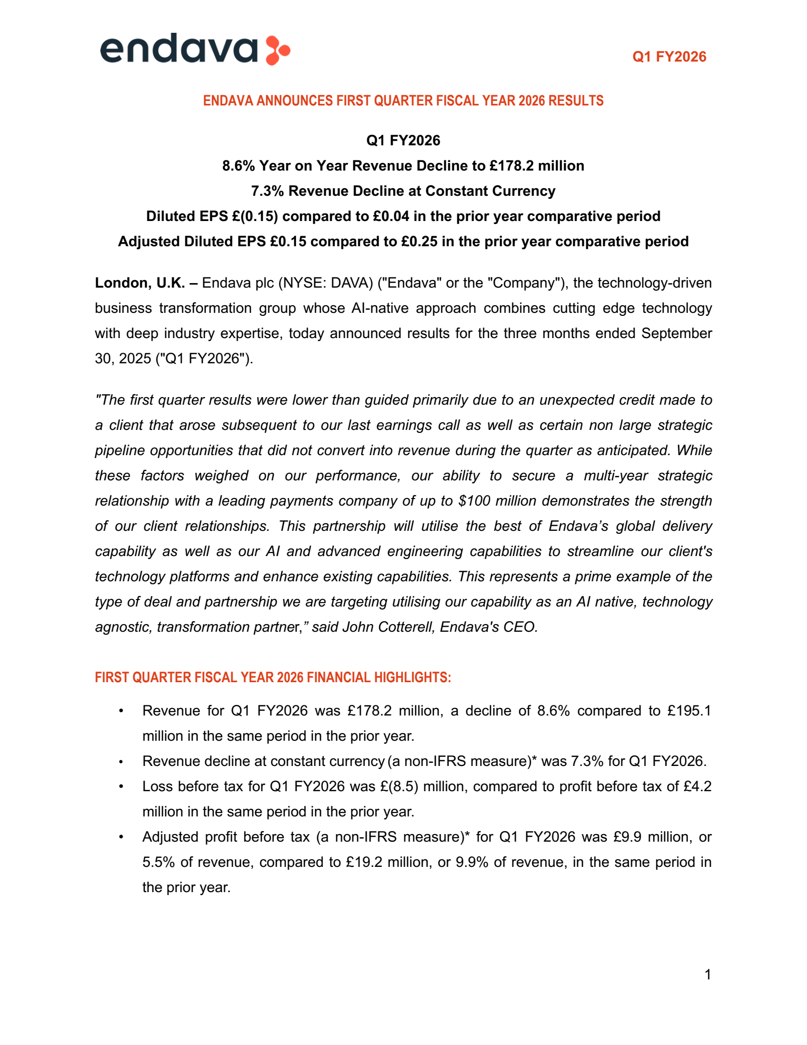 Endava's Q1 2026 Earnings Release