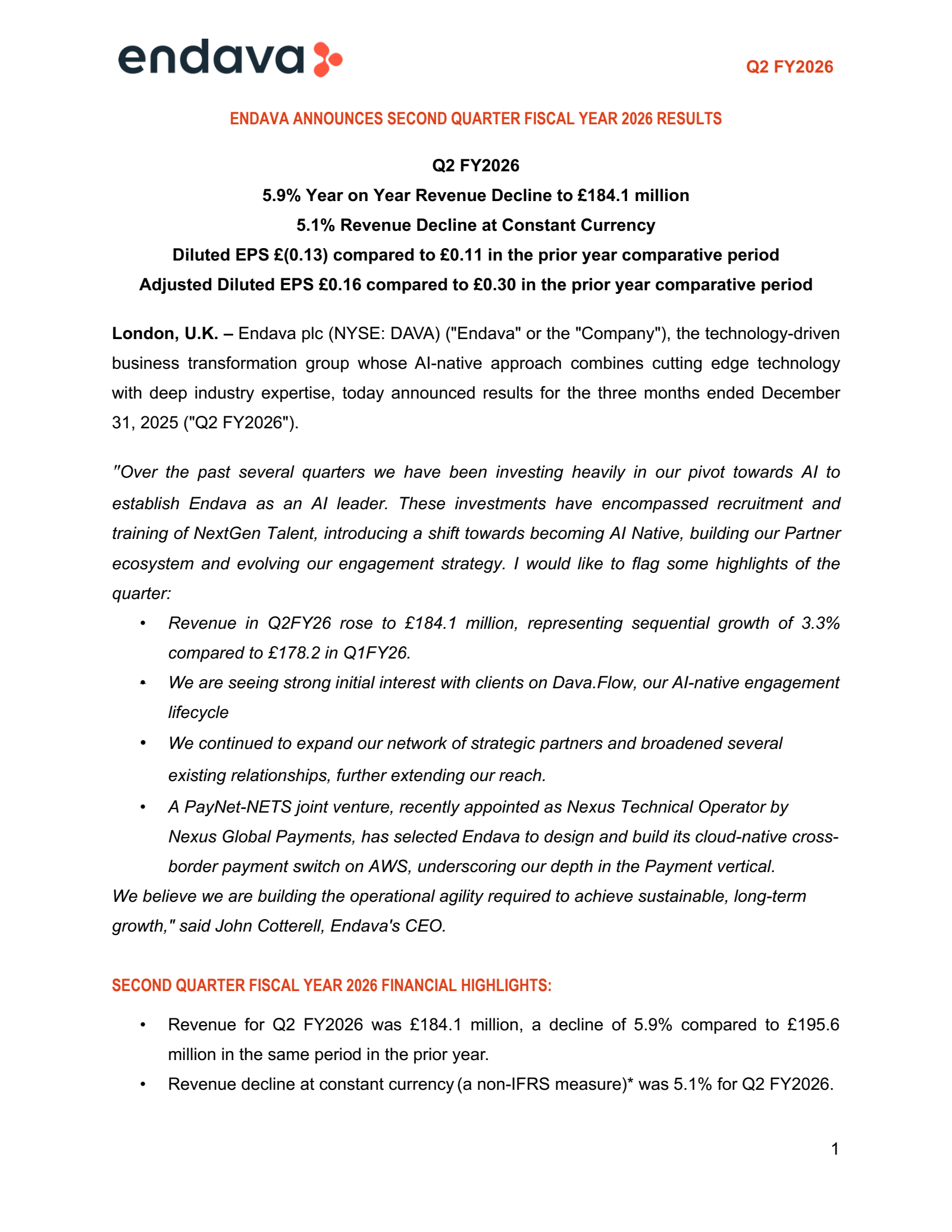 Endava's Q2 2026 Press Release