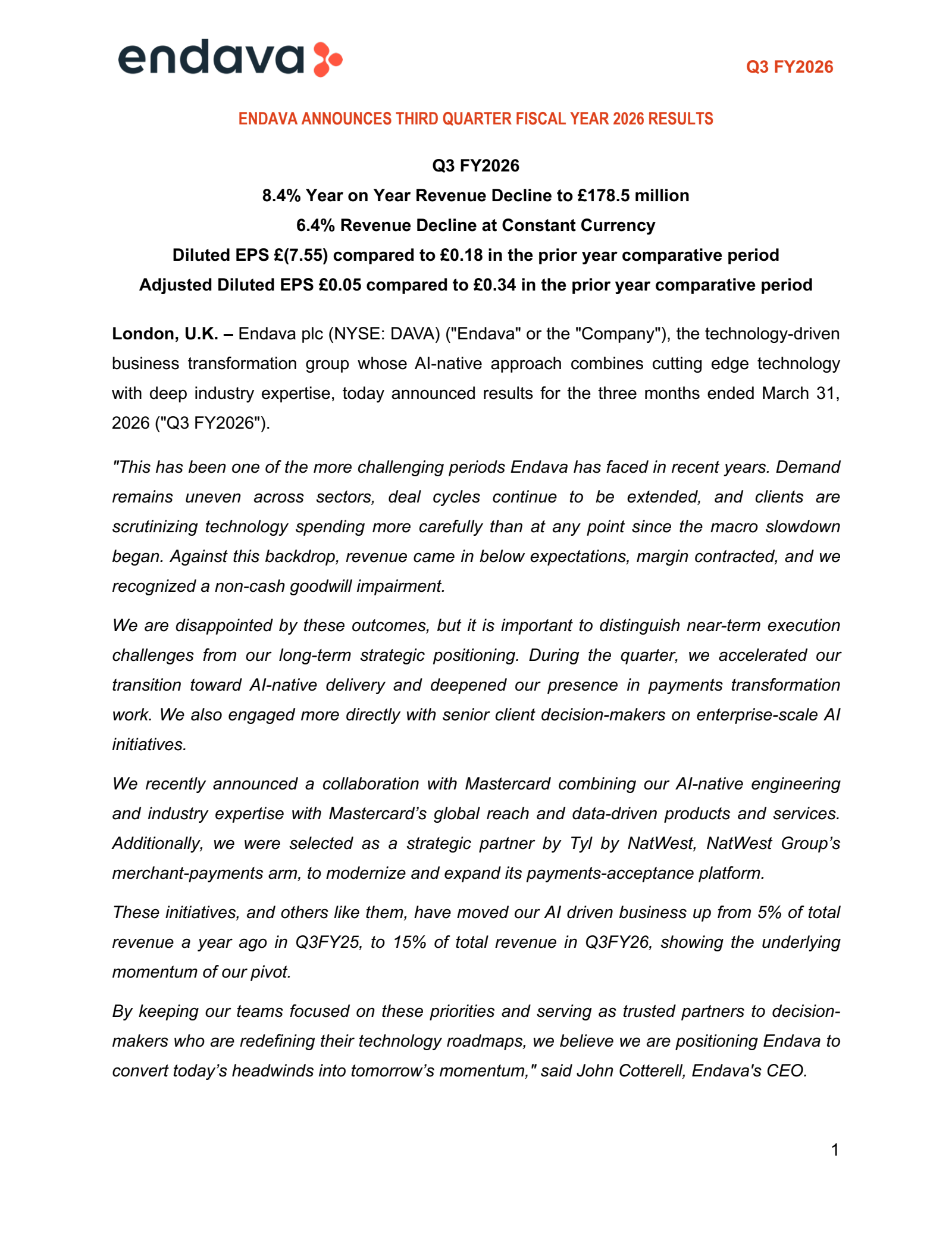 Endava's Q3 2026 Press Release